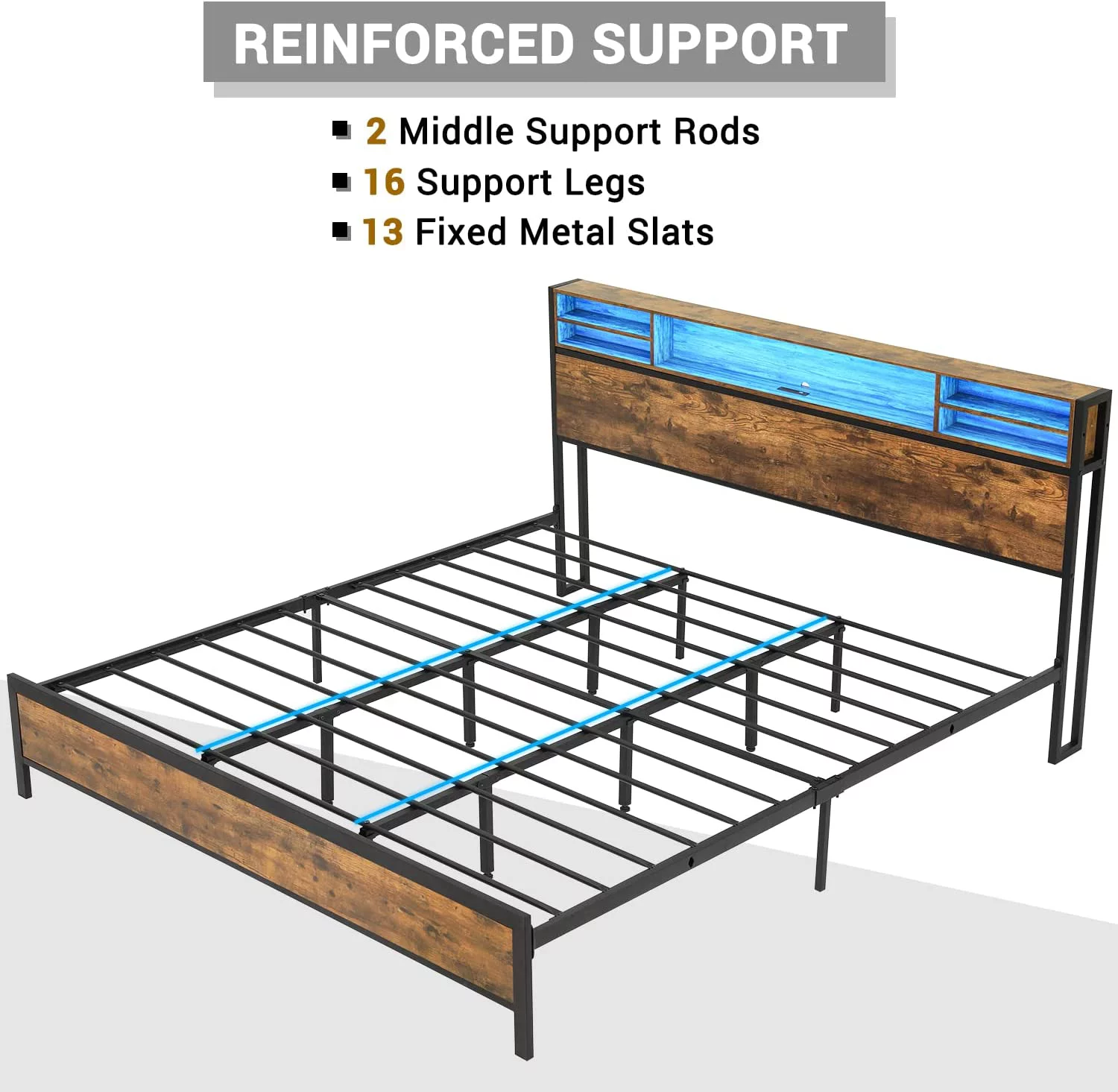 Afuhokles LED Full Bed Frame with Outlets and Headboard, Platform Bed with Storage Drawers, Brown - Inhomebuy