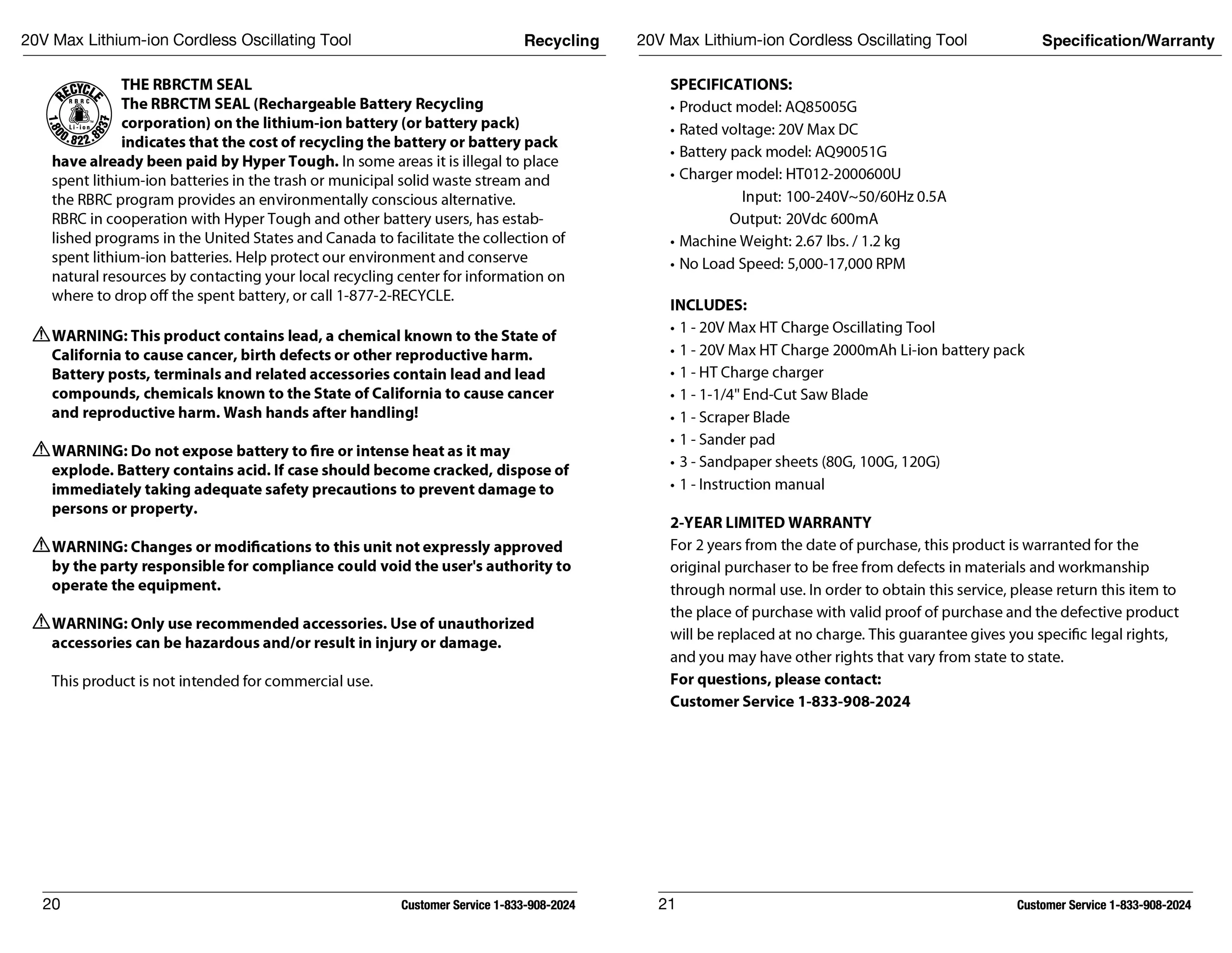 Hyper Tough 20V Max Lithium-Ion Oscillating Power Tool with 2.0 Amp Hour Battery & Charger - Inhomebuy