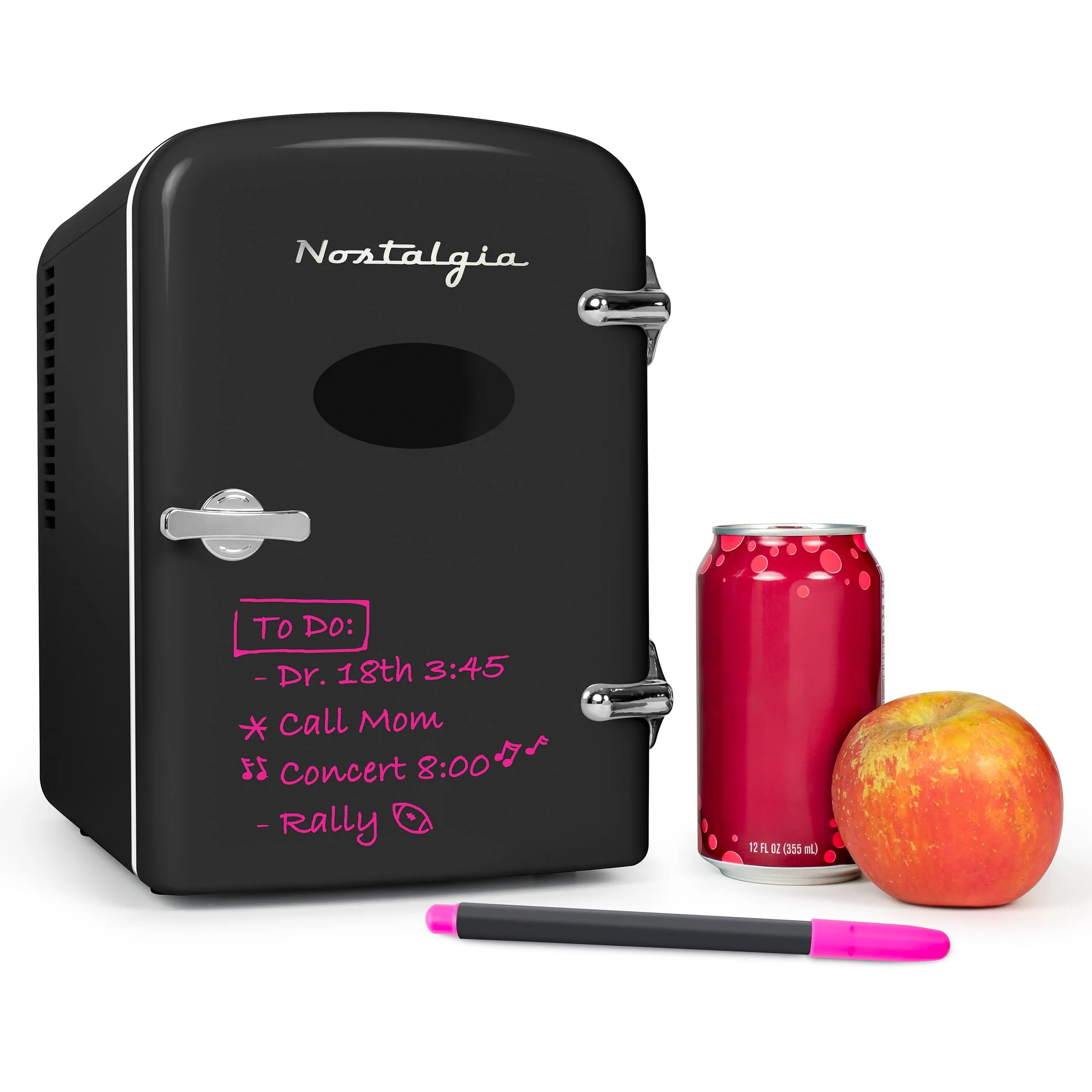 Retro 6-Can Personal Cooling and Heating Refrigerator with Display Window, Dry Erase Door and Carry Handle, Black - Inhomebuy