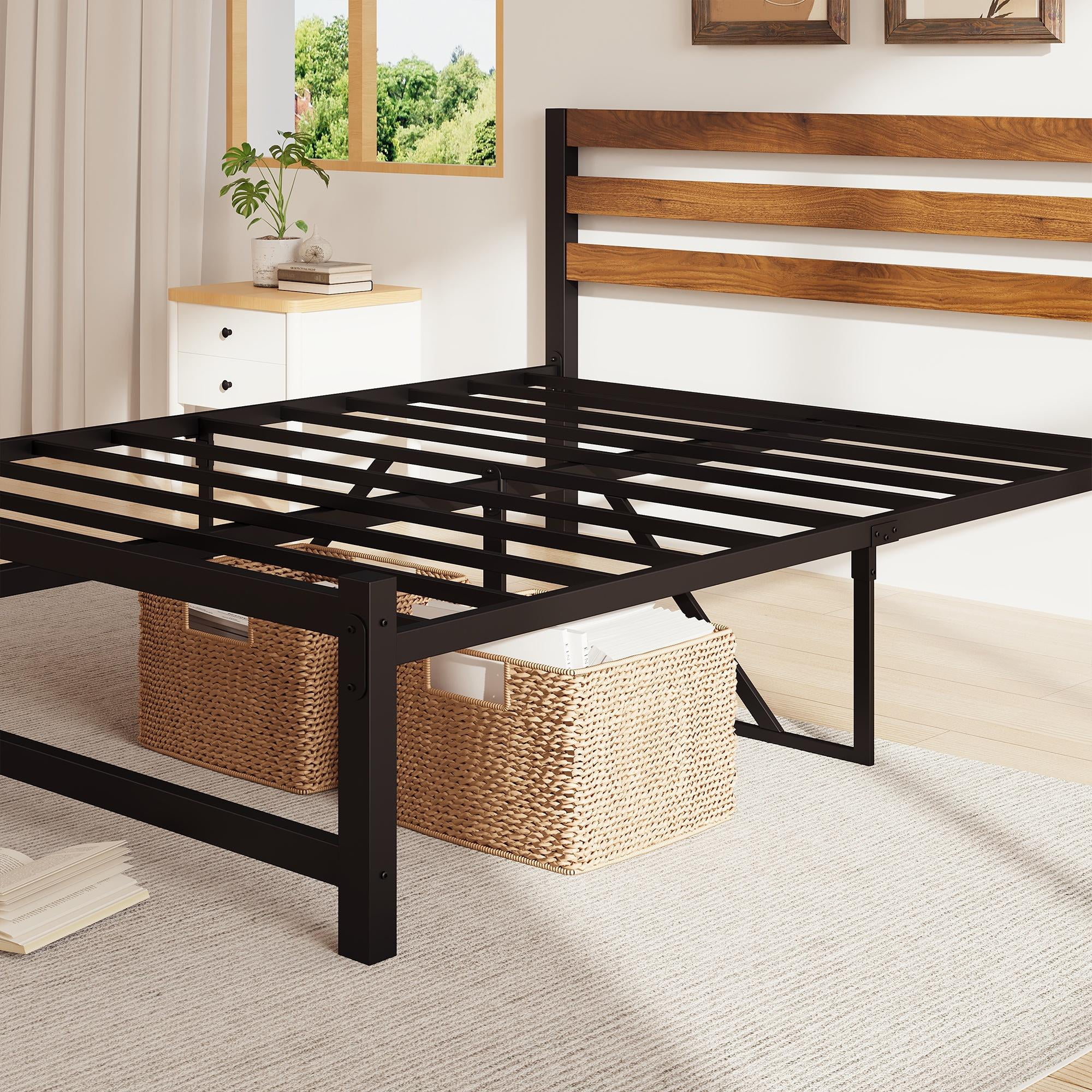 uhomepro Queen Platform Bed Frame with Headboard, Rustic Brown and Black Metal Platform Bed Frame with Heavy Duty Metal Slats, No Box Spring Needed - Inhomebuy