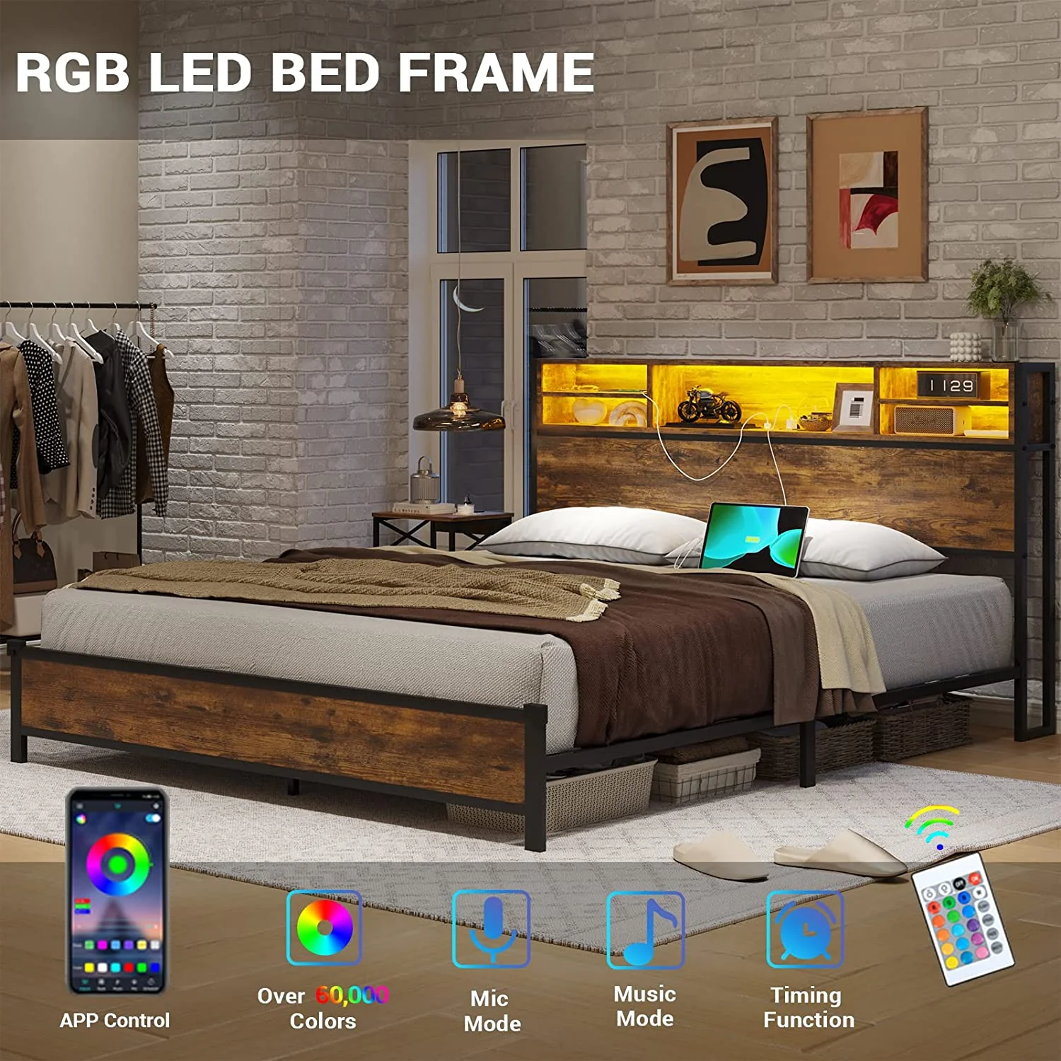 Afuhokles LED Full Bed Frame with Outlets and Headboard, Platform Bed with Storage Drawers, Brown - Inhomebuy
