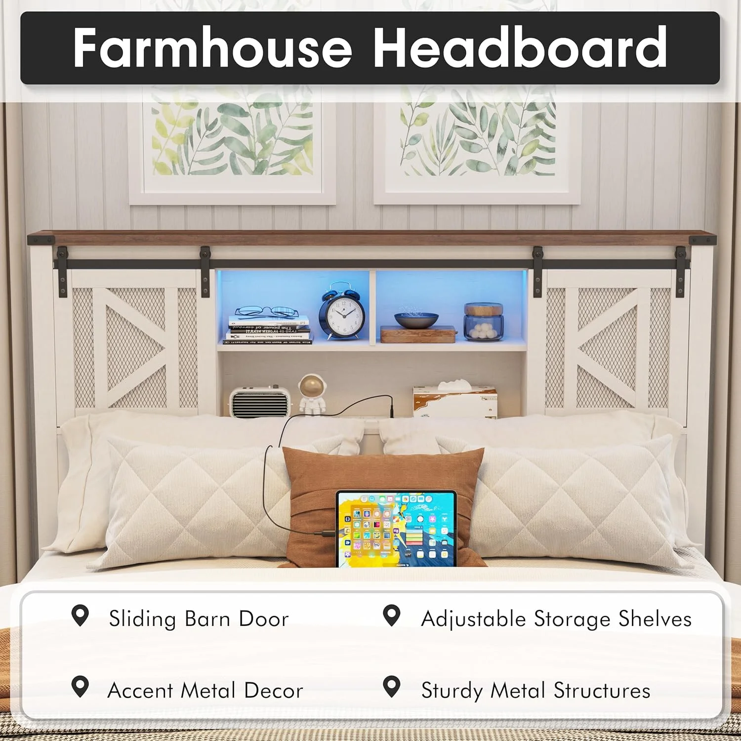 Vabches LED Queen Size Metal Bed Frame, Headboard with Charging Station and Storage, No Box Spring Needed, Farmhouse, White - Inhomebuy