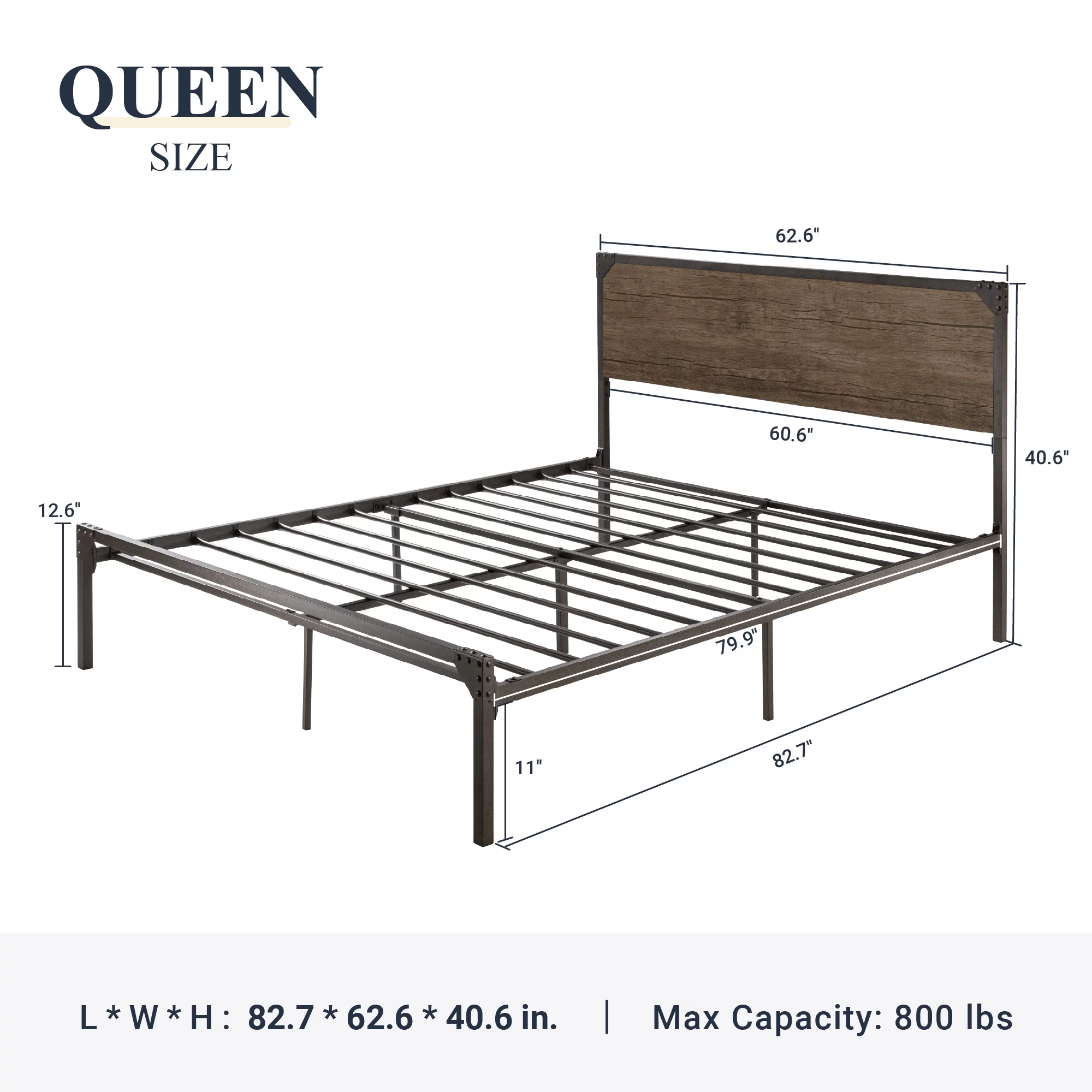 Allewie Queen Size Industrial Metal Platform Bed Frame with Wooden Rivet Headboard,  No Box Spring Needed, Brown - Inhomebuy