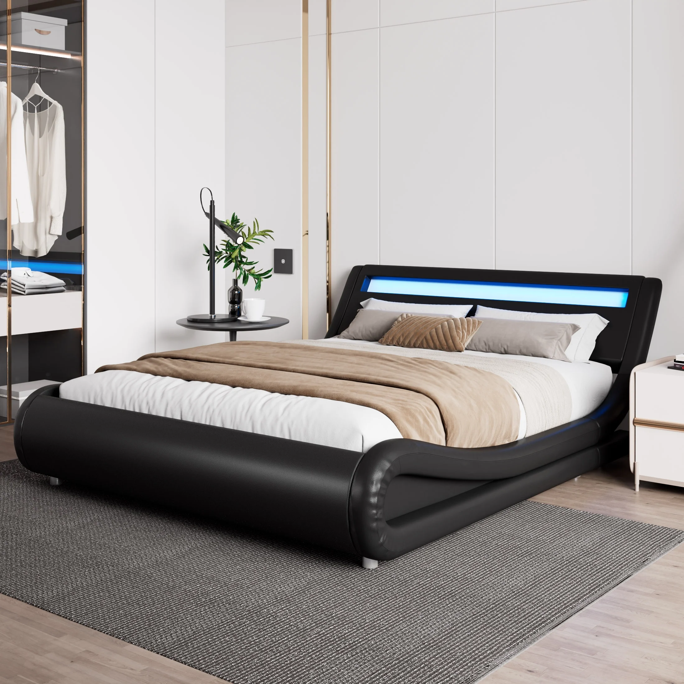 Amolife Queen Size Wave-Like Curve Deluxe Upholstered Modern Bed Frame with LED Headboard, Black - Inhomebuy