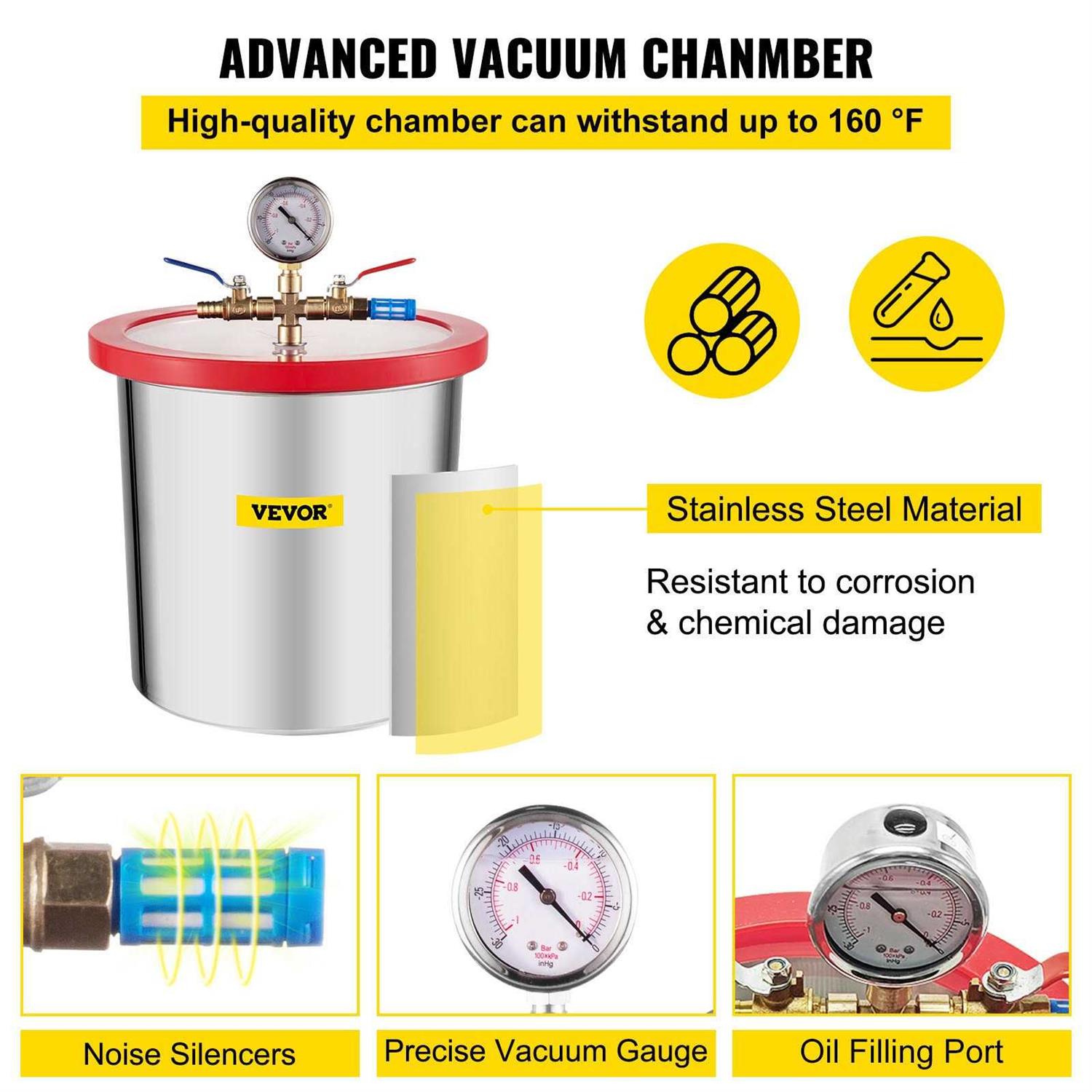 VEVOR Vacuum Pump 3 Gallon Stainless Steel Vacuum Degassing Chamber Kit 3CFM Vacuum Pump QCKTZKB3JLBXGT3CFV1 - Inhomebuy