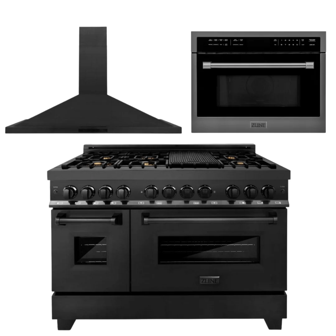 ZLINE Appliance Package - 48 In. Dual Fuel Range with Brass Burners, Microwave Oven, Range Hood in Black Stainless Steel, 3KP-RABRHMWO-48 - Inhomebuy
