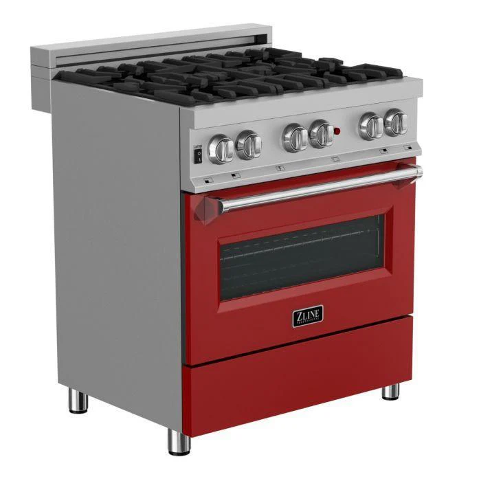 ZLINE Kitchen and Bath 30 in. Professional Gas Burner/Electric Oven in DuraSnow® Stainless with Red Gloss Door, RAS-RG-30 - Inhomebuy