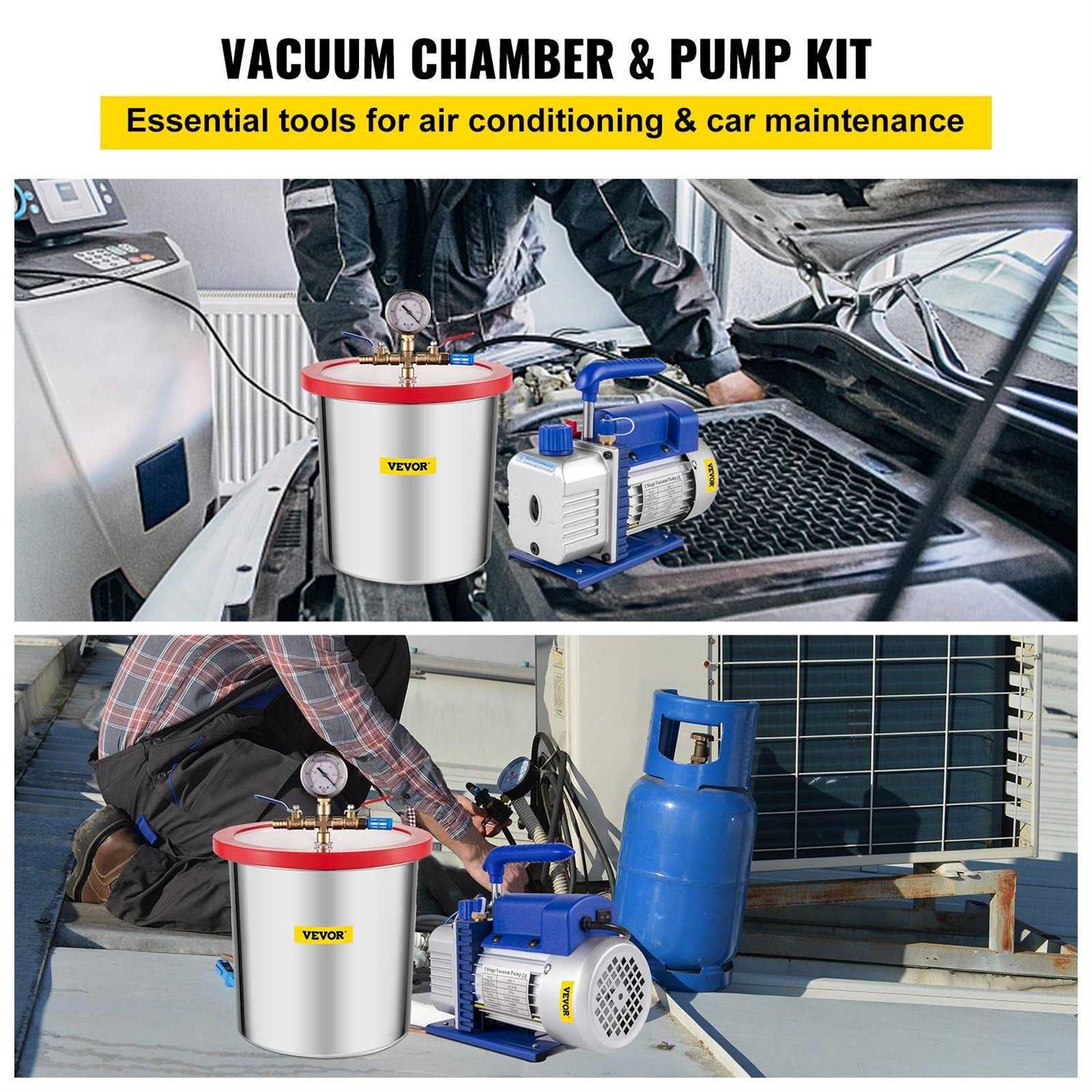 VEVOR Vacuum Pump 2 Gallon Vacuum Chamber Silicone Expoxy Degassing with 4CFM 1/3HP Single Stage Vacuum Gauge QCKTZKB4CFM1-3J2TV1 - Inhomebuy