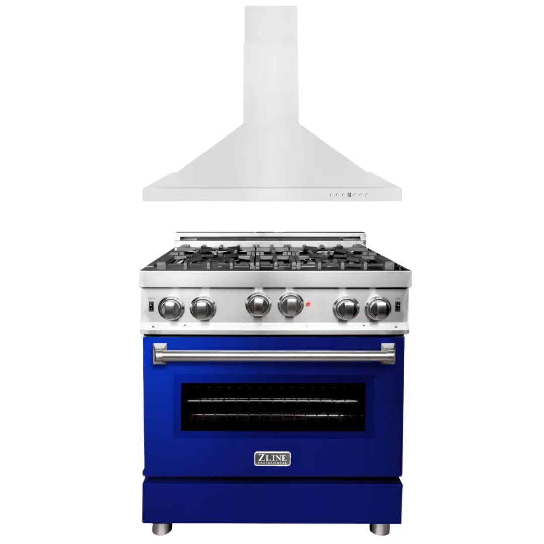 ZLINE 30 in. Gas Range with Blue Gloss Door & 30 in. Range Hood Appliance Package, 2KP-RGBGRH30 - Inhomebuy