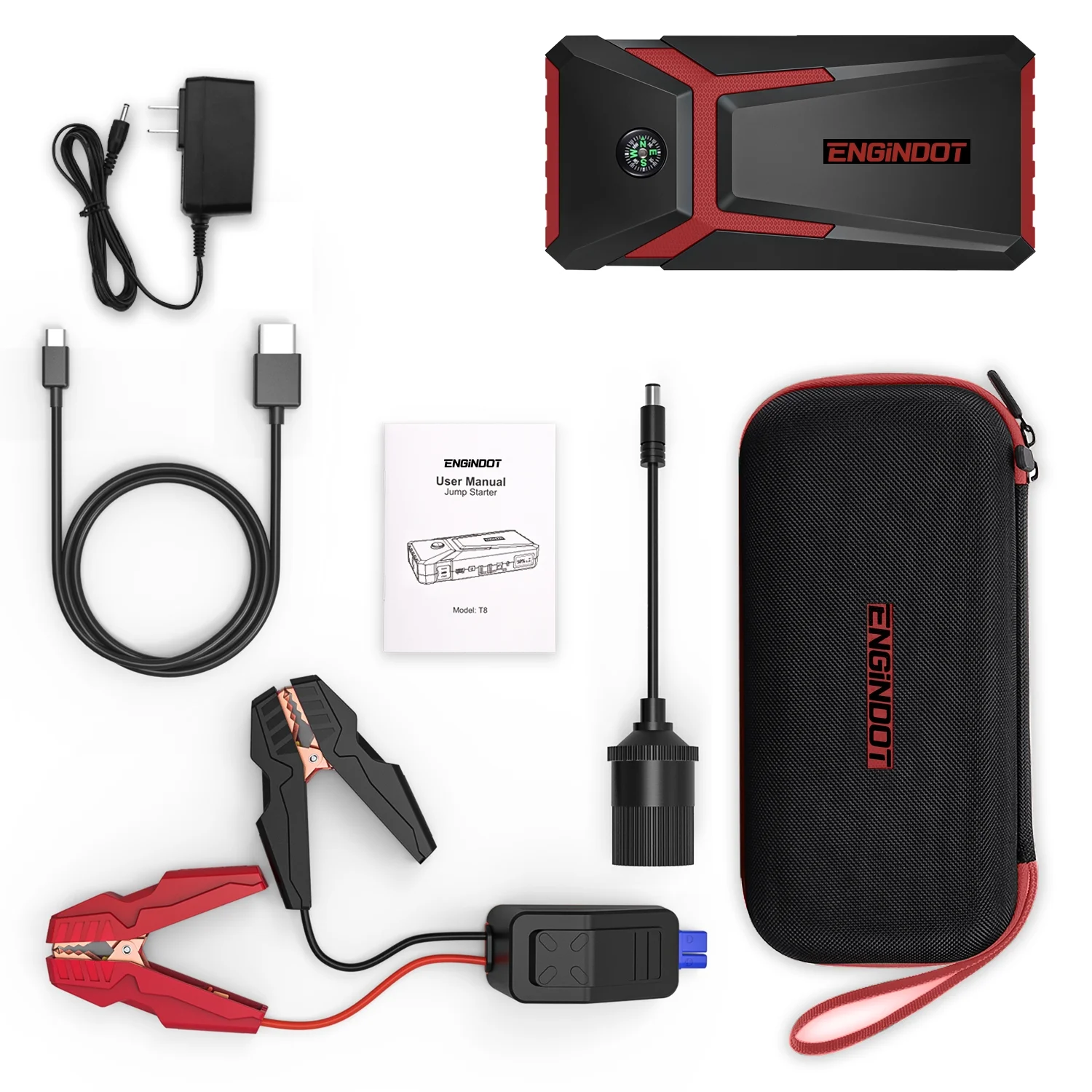 ENGINDOT Jump Starter for up to 7.0L Gas or 5.5L Diesel Engine, 800A Peak 18000mAh 12V Auto Battery Booster with LCD Screen, with USB Quick Charge, Red - Inhomebuy