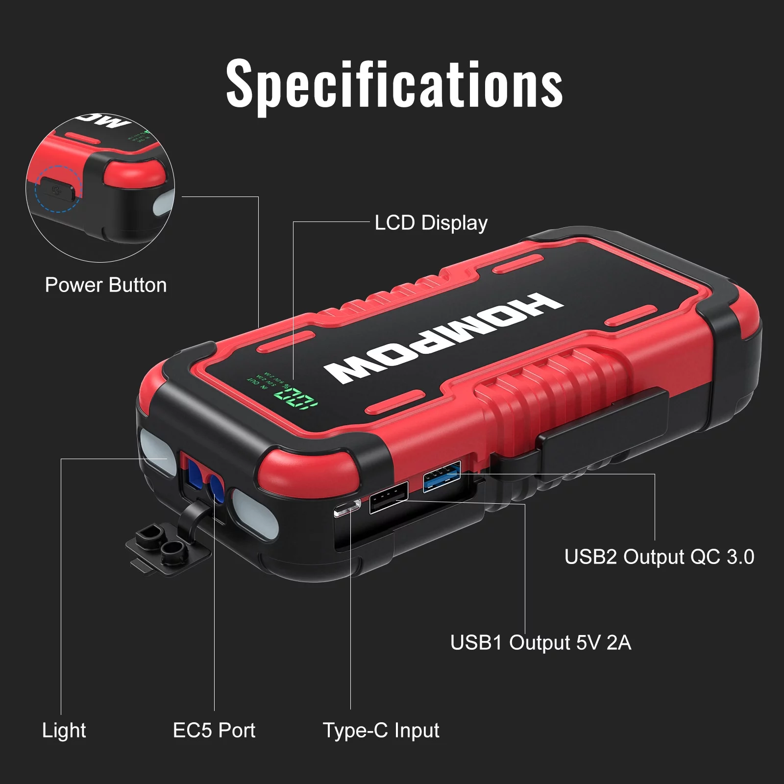 Car Jump Starter, HOMPOW 2000A Peak 18000mAh Lithium Jump Starter Battery Pack for up to 8L Gas or 6L Diesel Engine, Safe 12V Portable Battery Starter Power Pack with LED Screen & LED Light - Inhomebuy