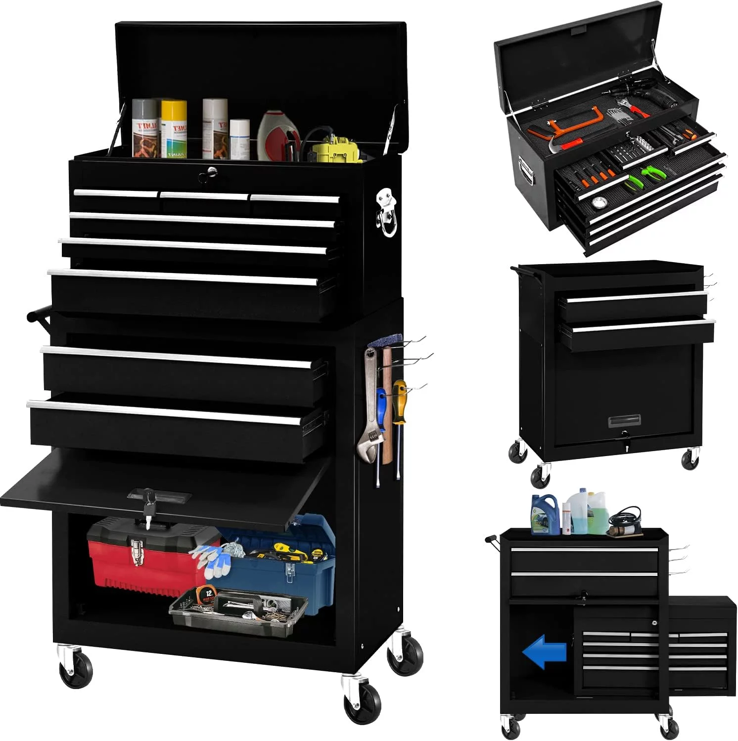 8-Drawer Rolling Tool Chest Metal Tool Box Lockable Storage Cabinet with Wheels, Black - Inhomebuy