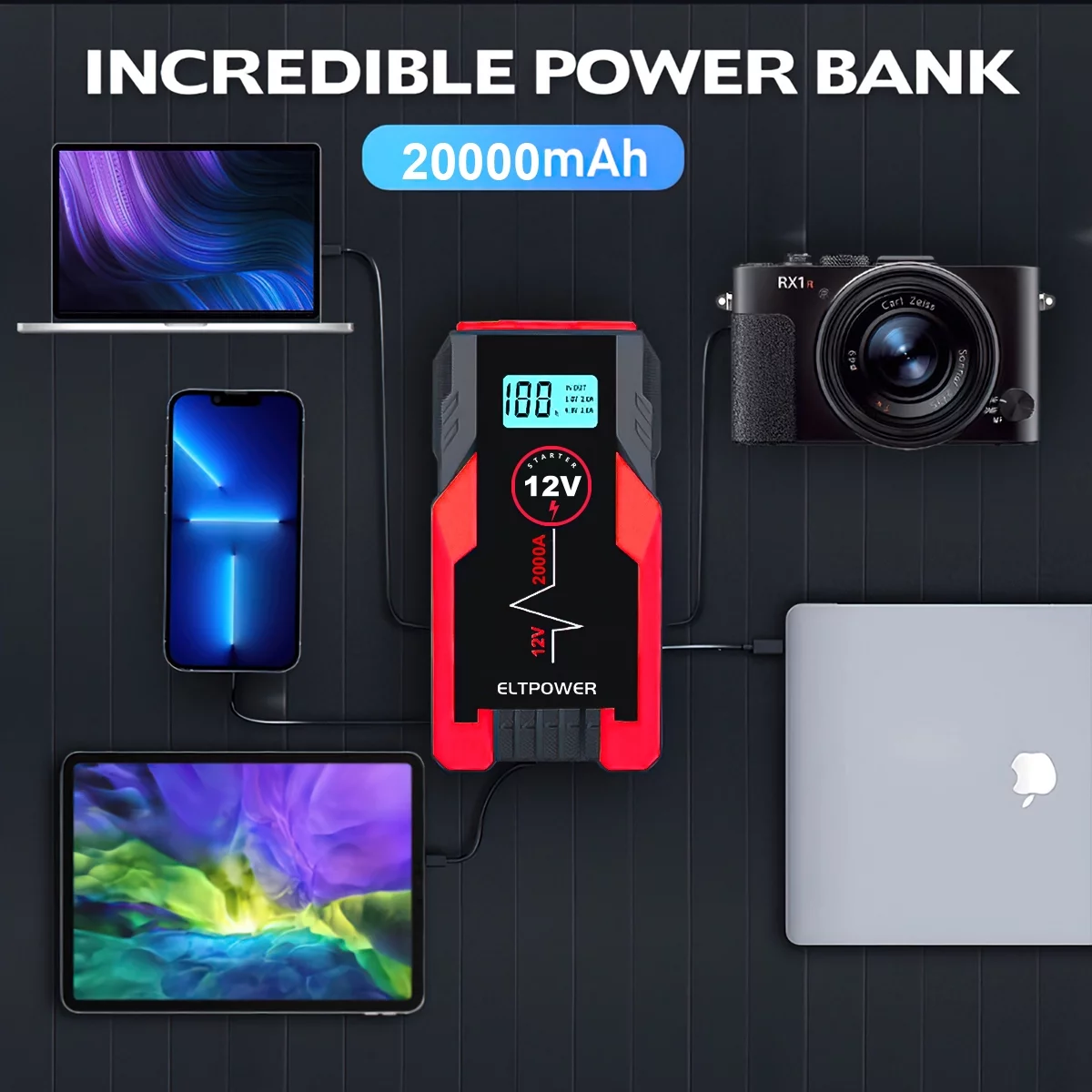 ELTPOWER 20000mAh Car Battery Jump Starter for Up to 9L Gas 7L Diesel, 2000A Peak Auto Car Jump Starter with LED and USB Quick Charge 3.0 - Inhomebuy