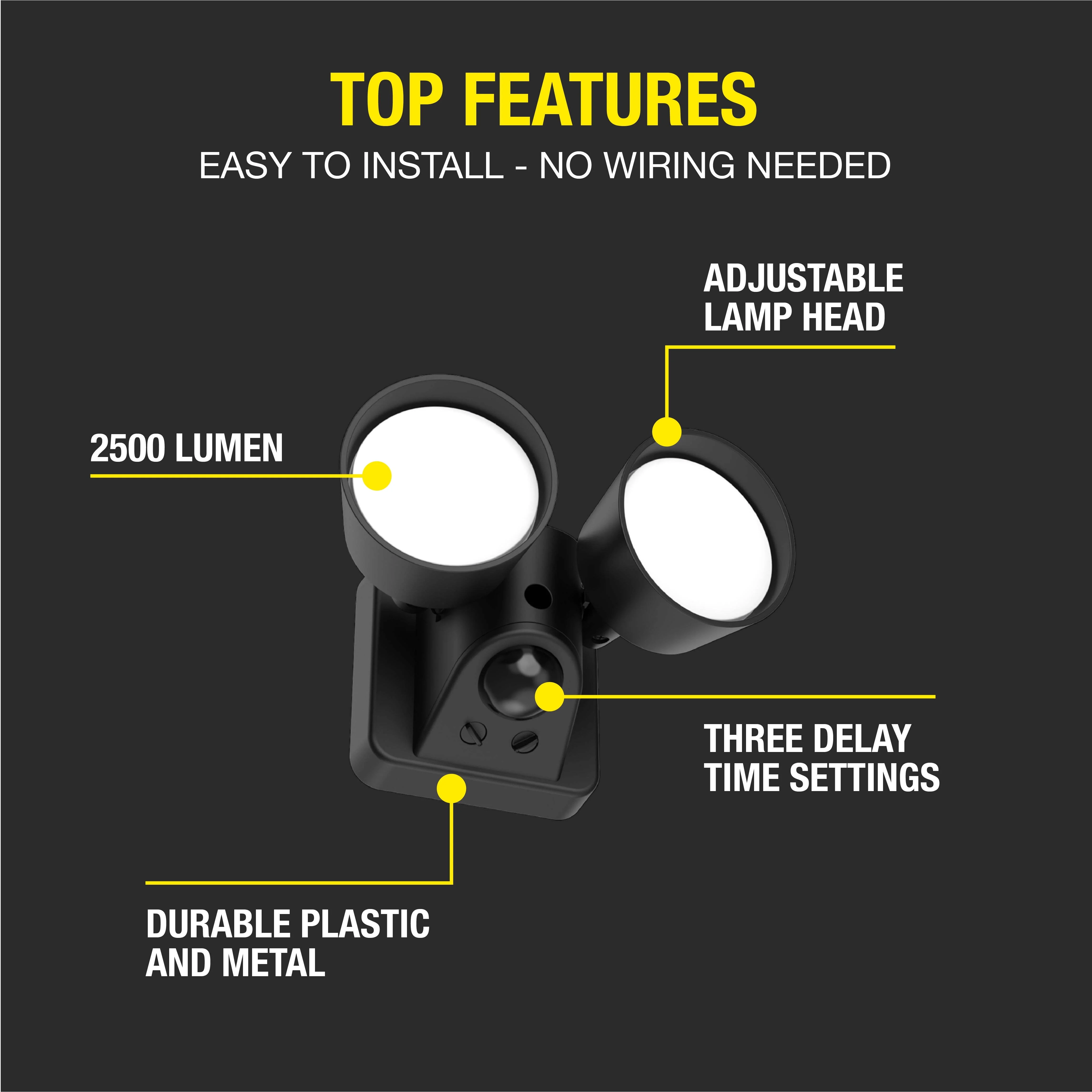 Hyper Tough 2-Head LED Direct Wire Motion Sensing Outdoor Security Light, Black, 120 degree, 2500 Lumens, 120V - Inhomebuy
