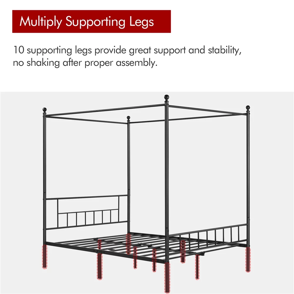 Topeakmart Metal Bed Frame Four-Poster Canopied with Headboard & Footboard, Queen, Black - Inhomebuy