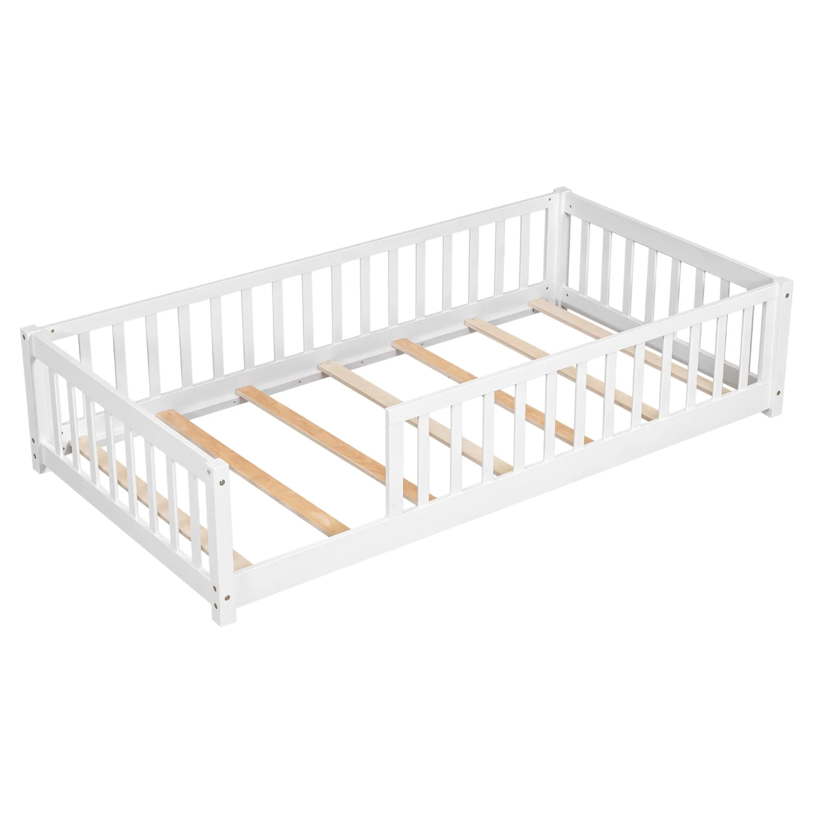 Twin Floor Bed Frame for Toddler, Montessori Floor Bed with Fence and Wood Slats, Low Wood Platform Beds for Girls Boys Kids Happy Time, White - Inhomebuy