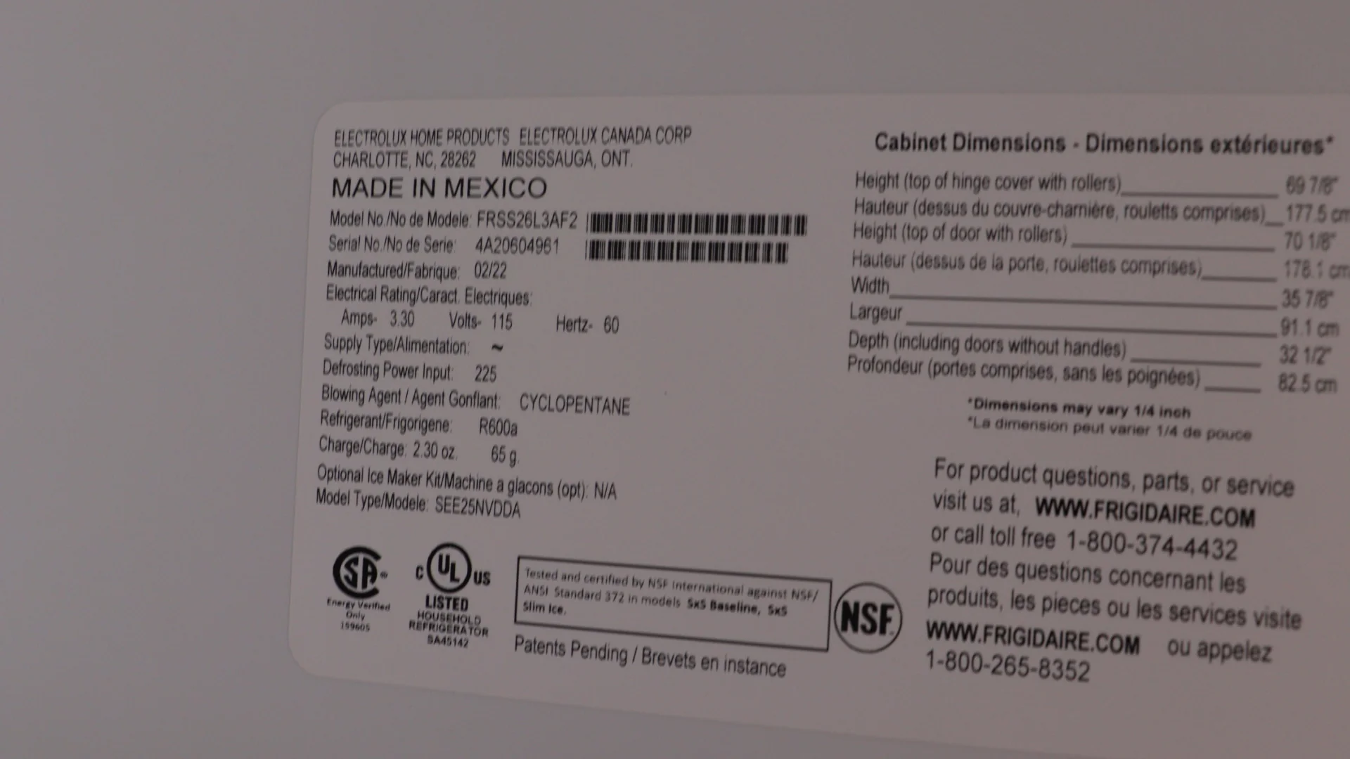FRIGIDAIRE 36 IN 25.6 CU FT. STAINLESS STEEL SIDE-BY-SIDE REFRIGERATOR WITH EXTERIOR WATER AND ICE D - Inhomebuy