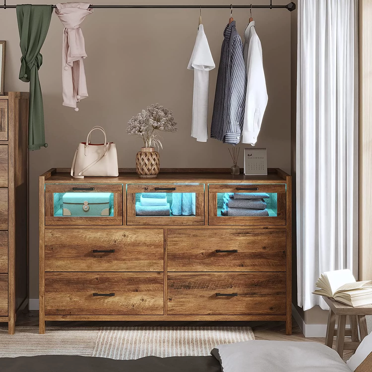 7 Drawer Dresser, Chest of Drawers with LED Lights, Wide Storage Organizer, Black Finish - Inhomebuy