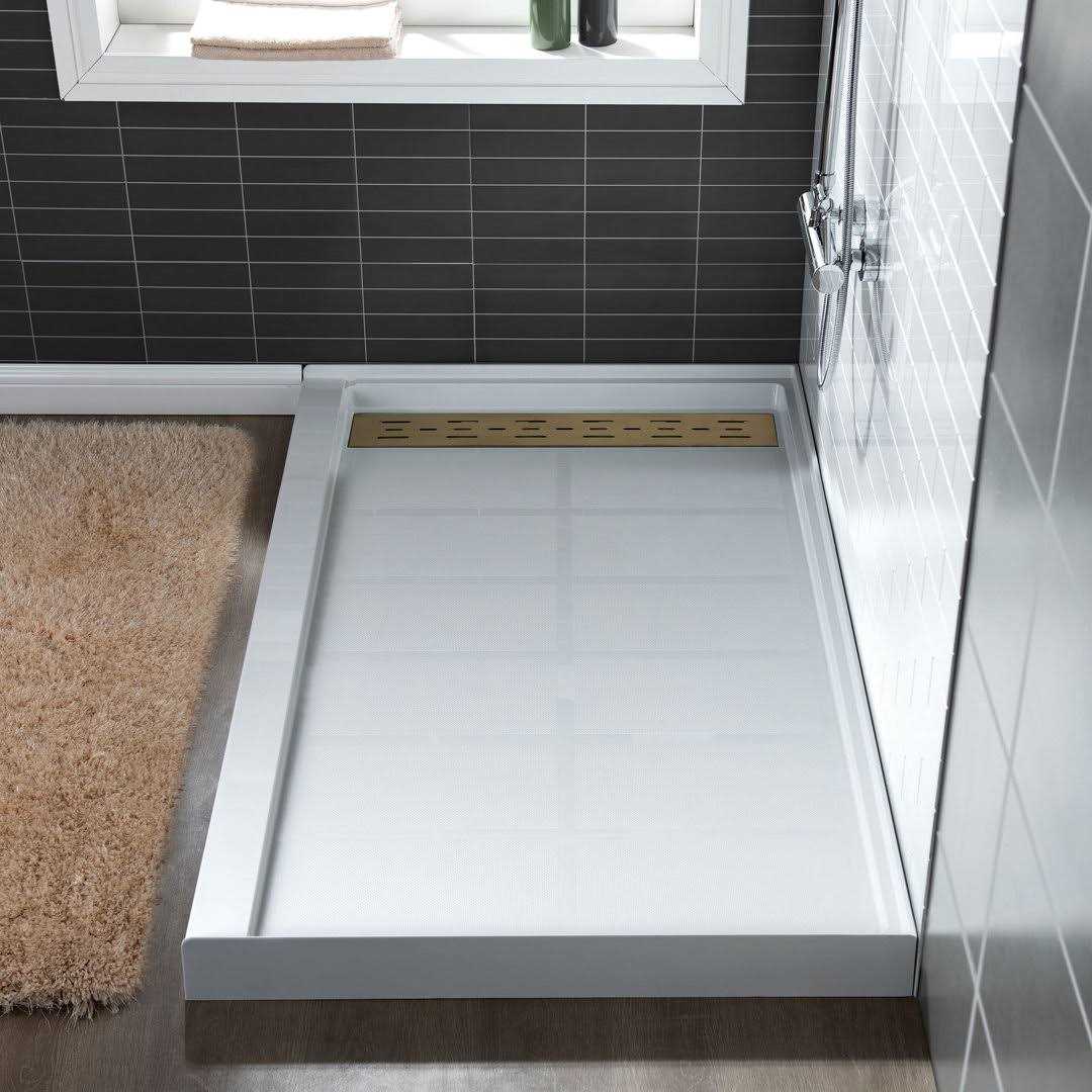 WoodBridge Krasik 60 in. L x Alcove Solid Surface Shower Pan Base Drain in White Cover SBR - Inhomebuy