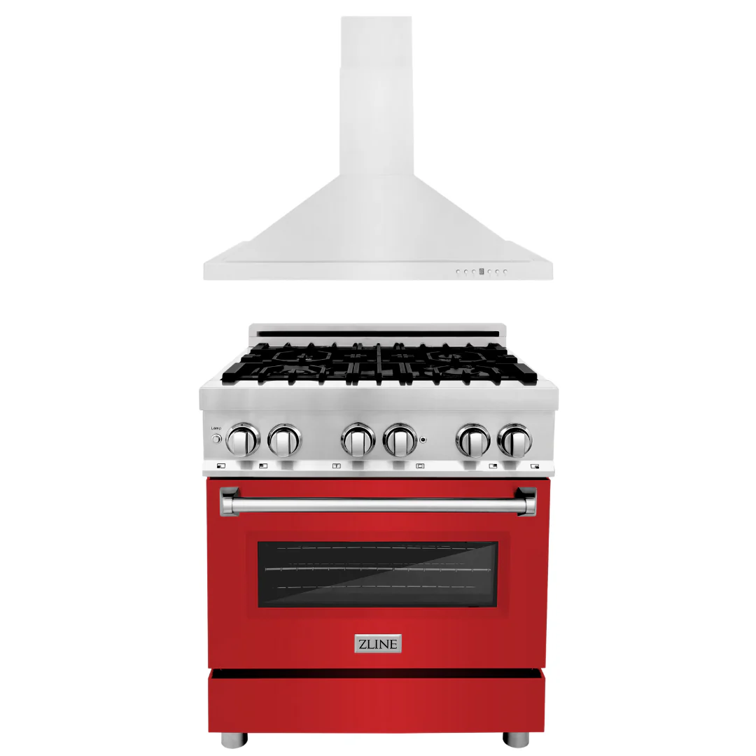 ZLINE 30 in. Dual Fuel Range with Red Matte Door & 30 in. Range Hood Appliance Package, 2KP-RARMRH30 - Inhomebuy