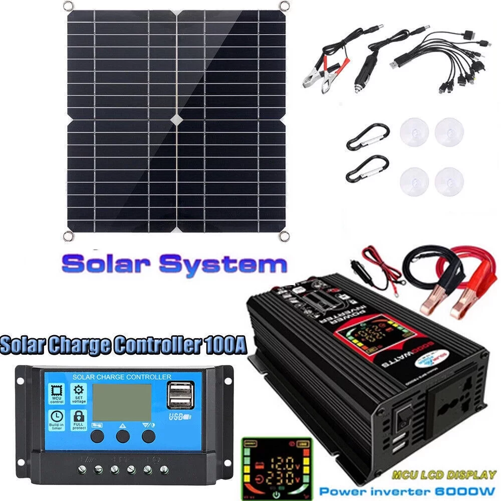 6000W Complete Solar Panel Kit Solar Power Generator 100A Home 110V Grid System - Inhomebuy