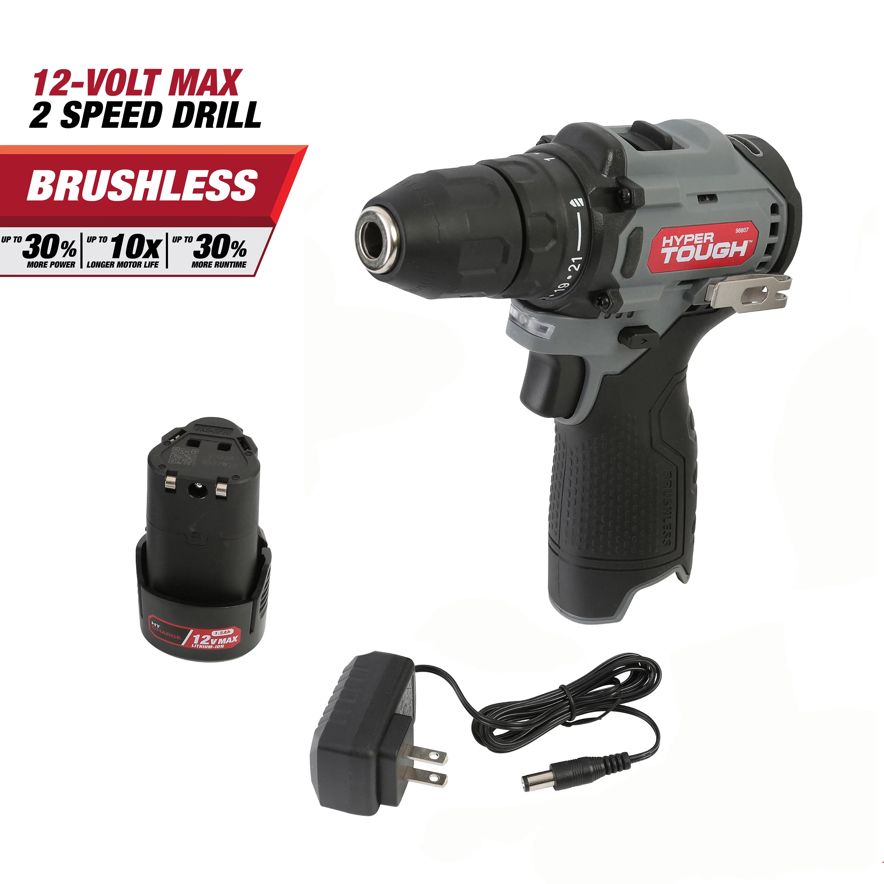 Hyper Tough 12V Max* Lithium-Ion Brushless 2-Speed 3/8-Inch Drill Driver with 1.5Ah Battery & Charger, 98807 - Inhomebuy