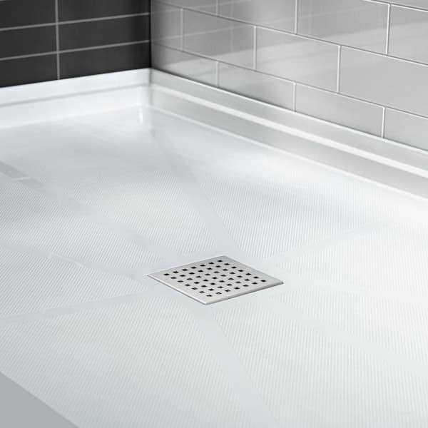 WoodBridge Krasik 60 in. L x Alcove Solid Surface Shower Pan Base Drain in White Cover SBR - Inhomebuy