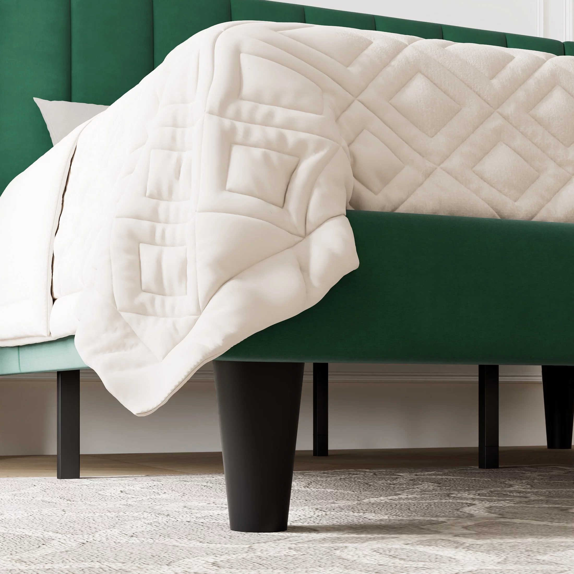 Allewie Queen Velvet Upholstered Bed Frame with Vertical Channel Tufted Headboard, Light Pink - Inhomebuy