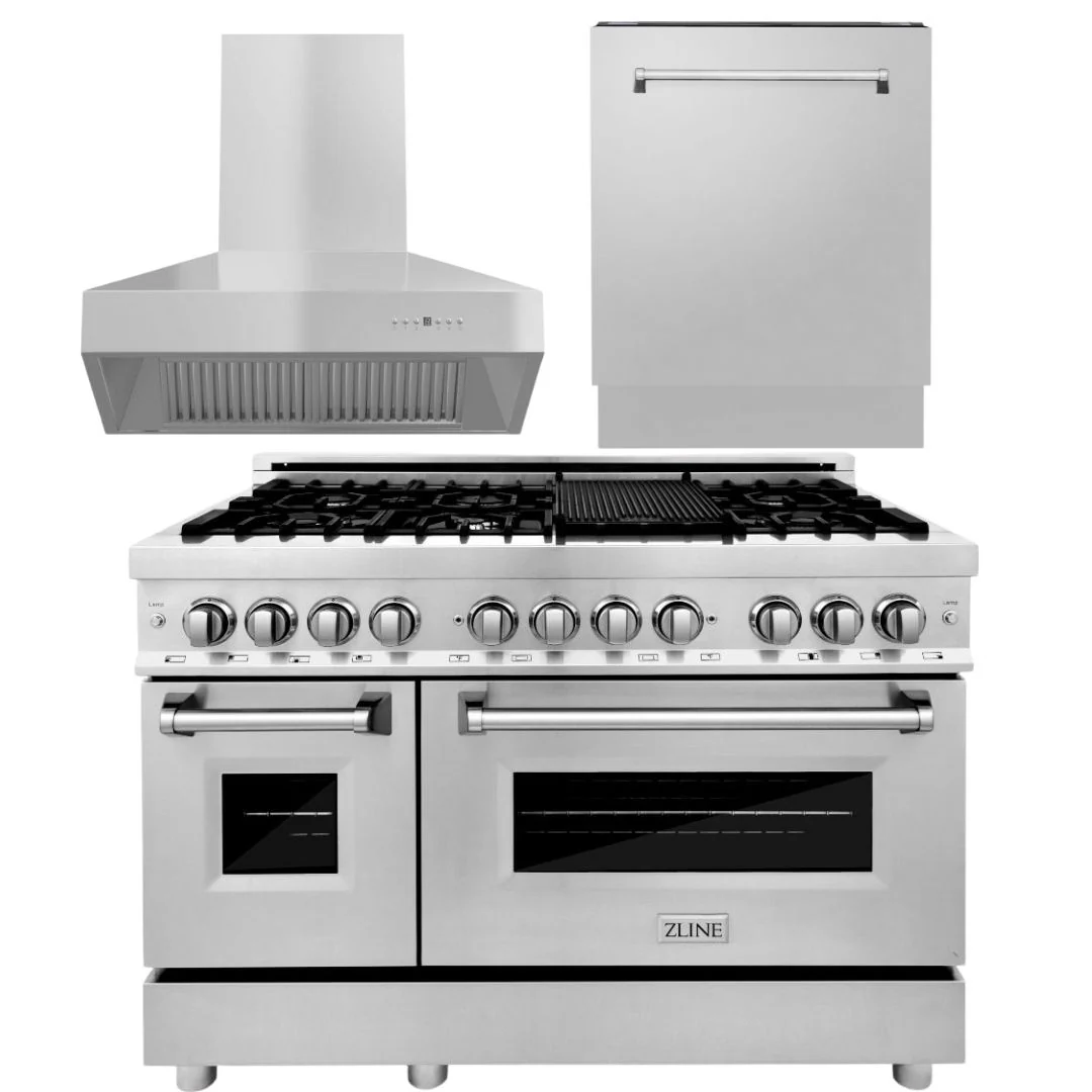 ZLINE Appliance Package - 48 In. Dual Fuel Range, 700CFM Range Hood, 3 Rack Dishwasher, 3KP-RARHC48-DWV - Inhomebuy