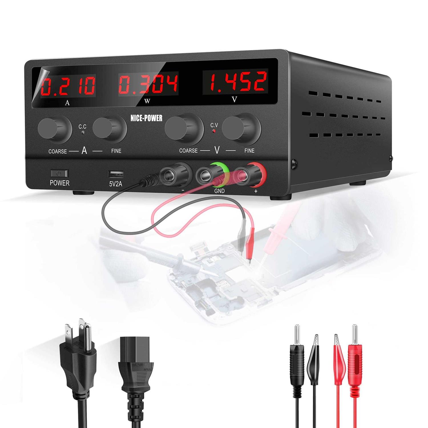 NICE-Power Adjustable DC Power Supply 30v 5A Variable Switching Regulated High Precision 4-Digits LED Display 5V/2A USB Port Output & Input Power - Inhomebuy