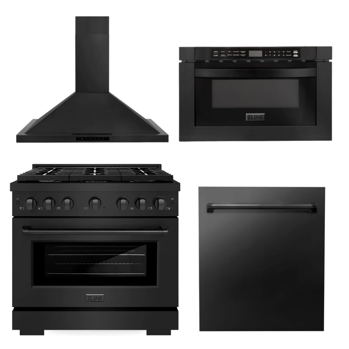 ZLINE Appliance Package - 36 in. Gas Range, Range Hood, Microwave Drawer, Dishwasher - Black Stainless Steel, 4KP-SGRBRBRH36-MWDW - Inhomebuy