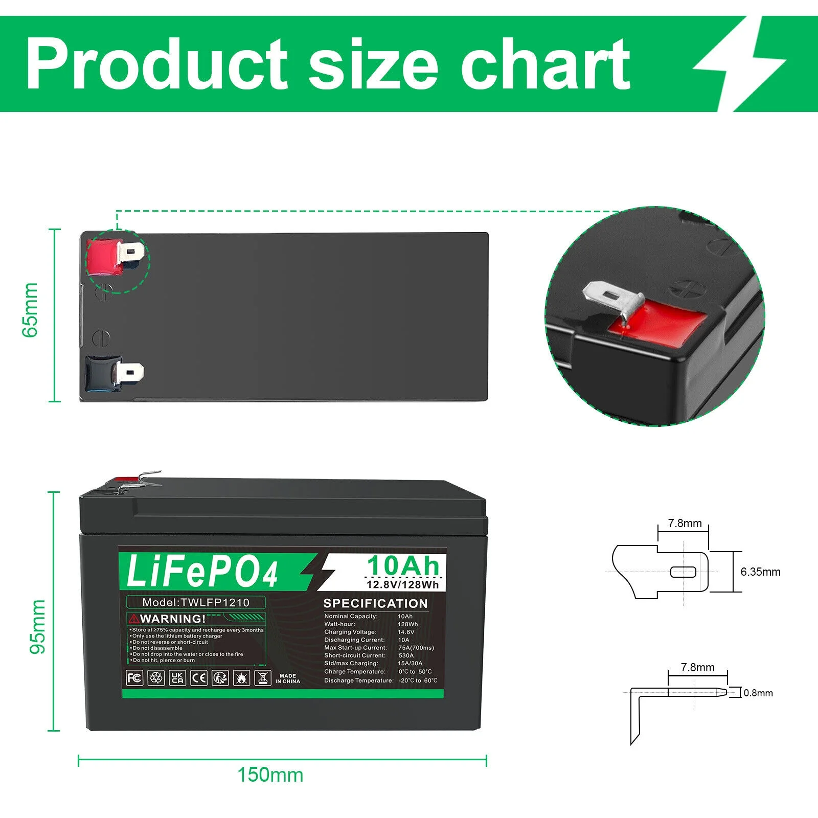 BMS LiFePO4 Battery 12V Lithium 10Ah 2000+ Deep Cycle for RV Boat Home Outdoor - Inhomebuy
