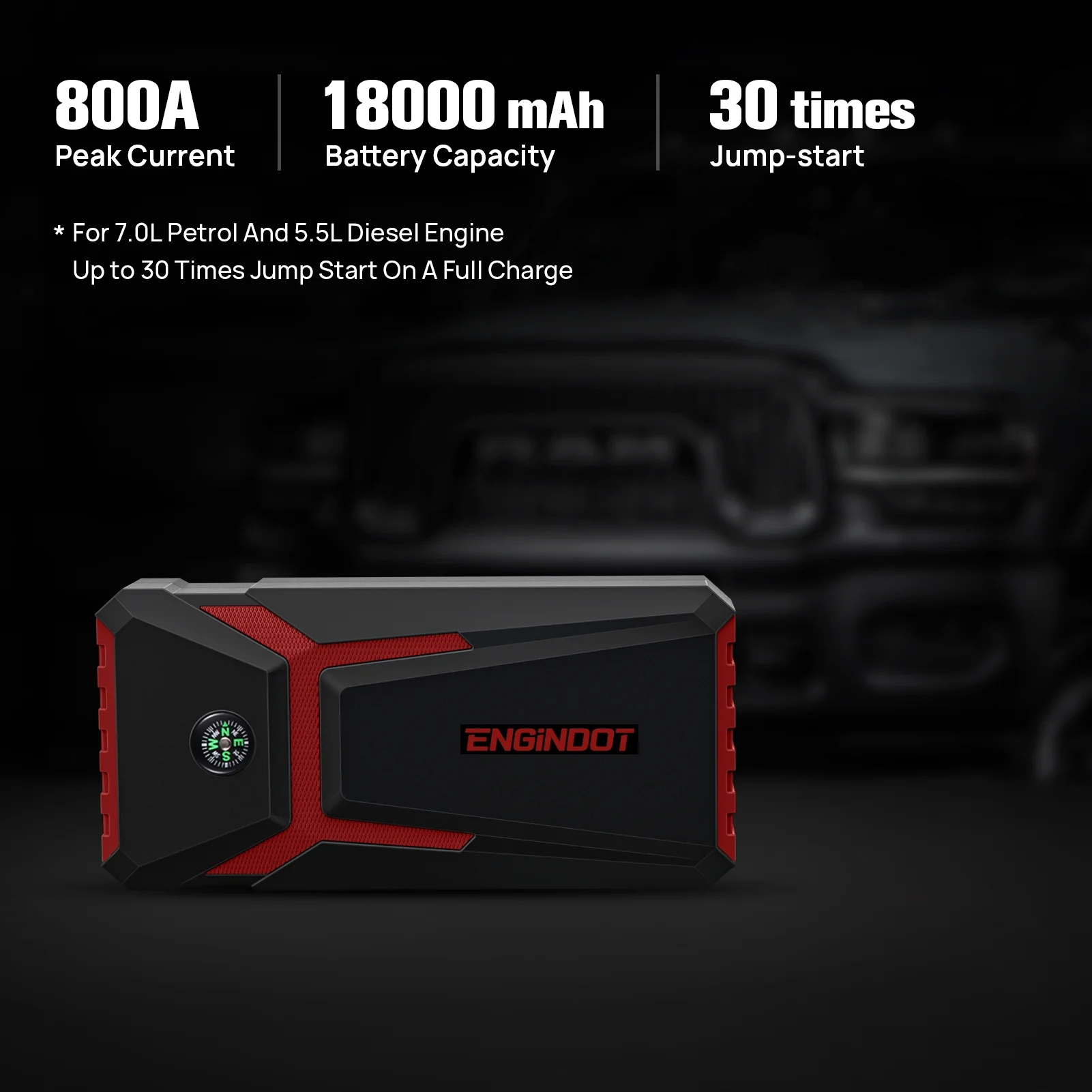ENGINDOT Jump Starter for up to 7.0L Gas or 5.5L Diesel Engine, 800A Peak 18000mAh 12V Auto Battery Booster with LCD Screen, with USB Quick Charge, Red - Inhomebuy