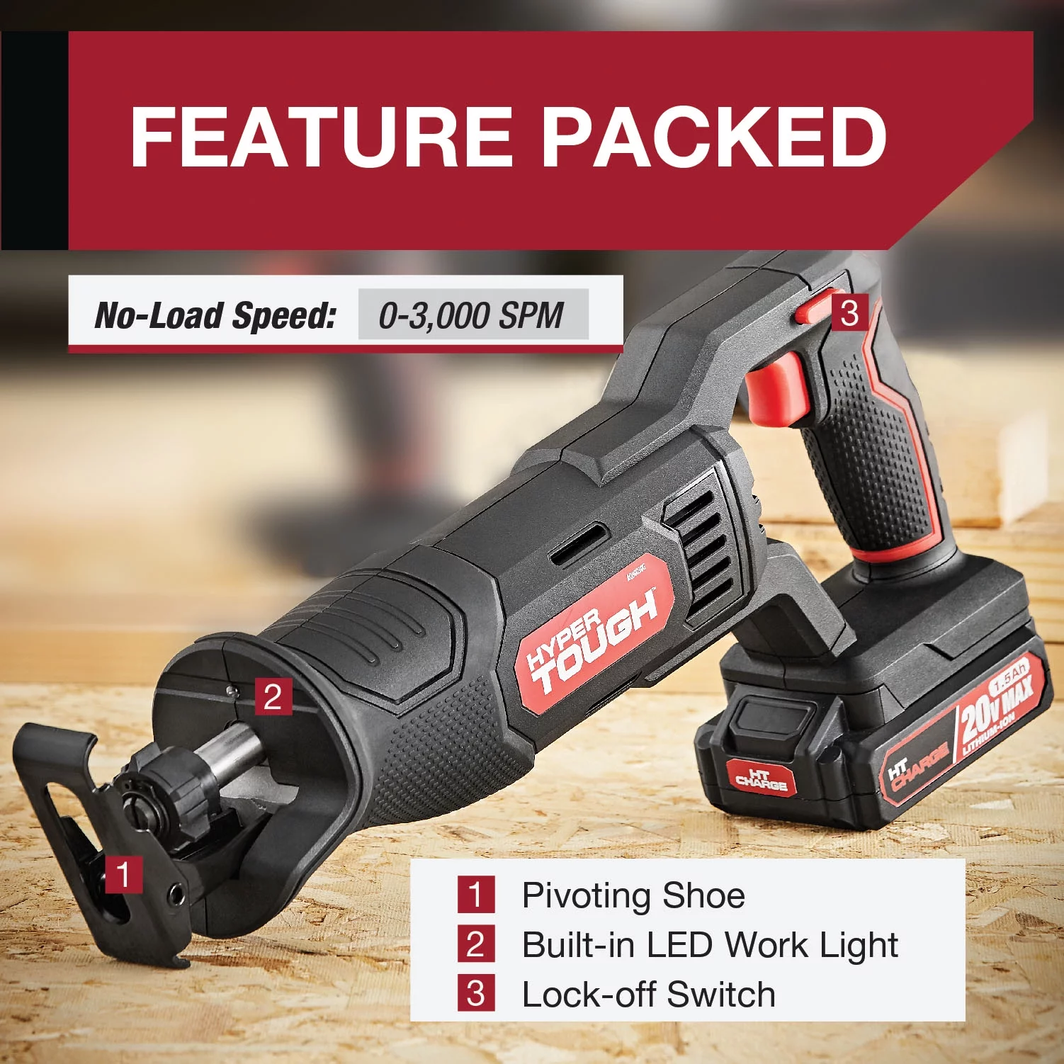 Hyper Tough 20V Max Lithium-ion Cordless Reciprocating Saw, Variable Speed, Keyless Blade Change, with 1.5Ah Lithium-Ion Battery and Charger, Wood Blade and LED Light - Inhomebuy