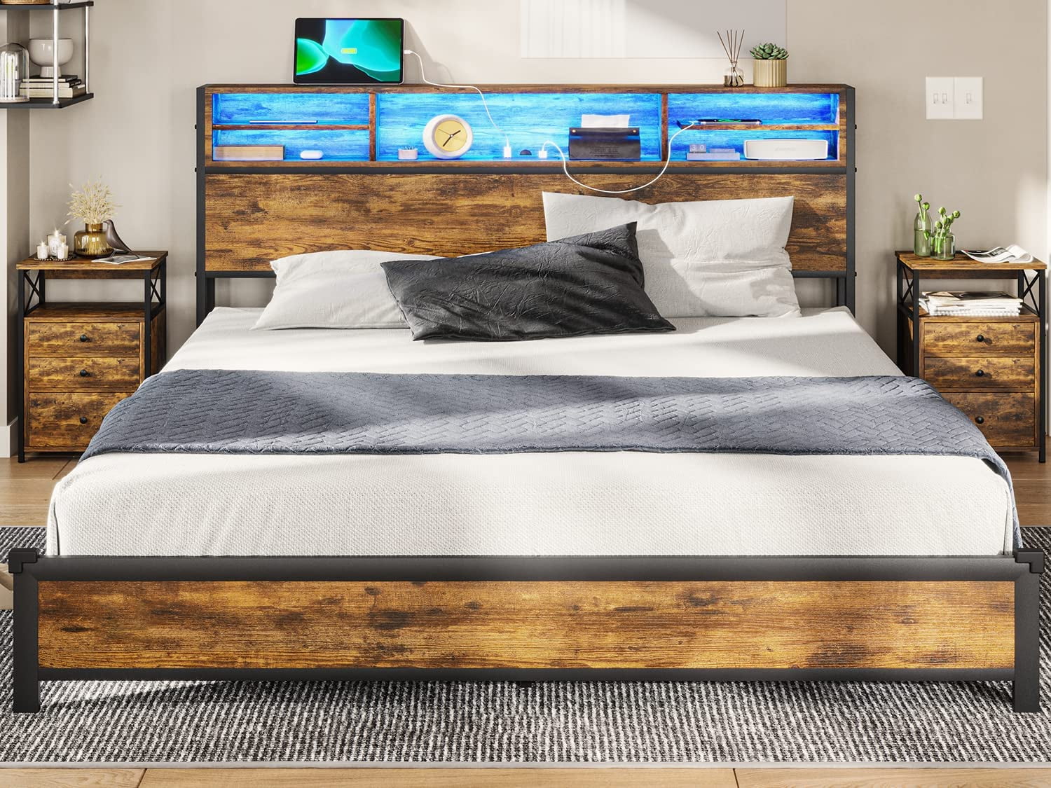 Afuhokles LED Full Bed Frame with Outlets and Headboard, Platform Bed with Storage Drawers, Brown - Inhomebuy