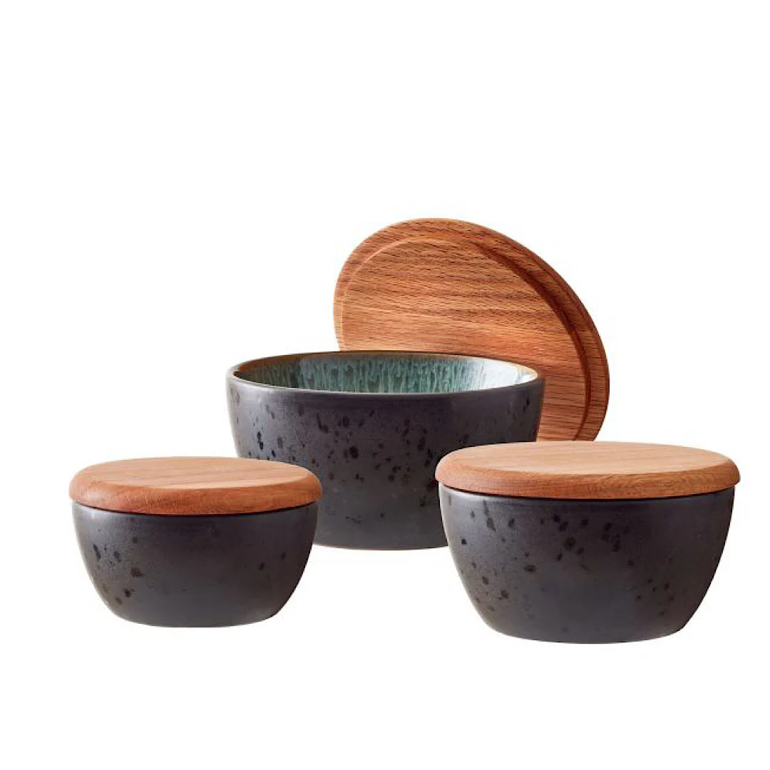 Stoneware Bowl With Lid Set 3 Pcs Black, Green - Inhomebuy