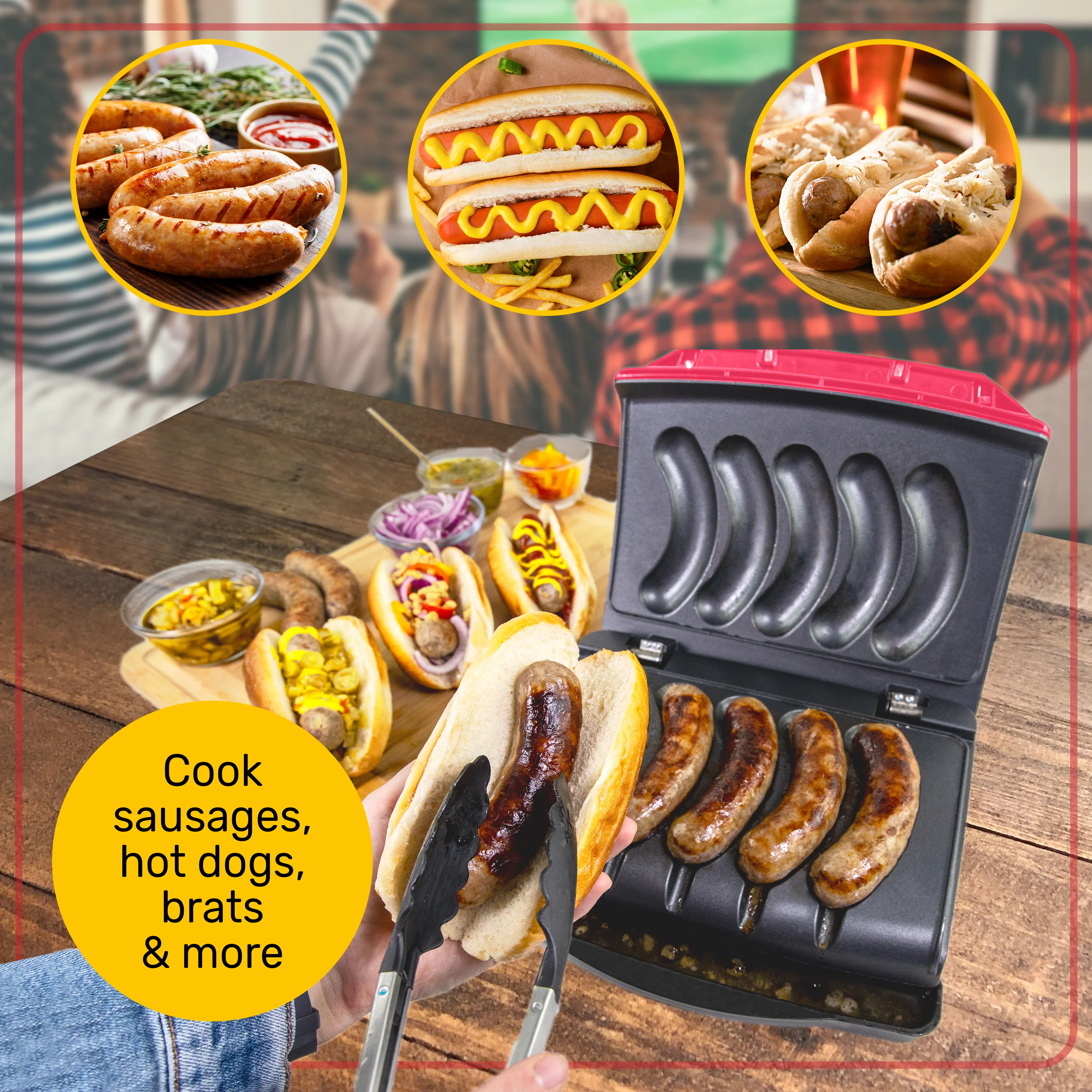Nostalgia Game Day Sausage and Brat 5 Link Electric Grill with Oil Drip Tray - Inhomebuy