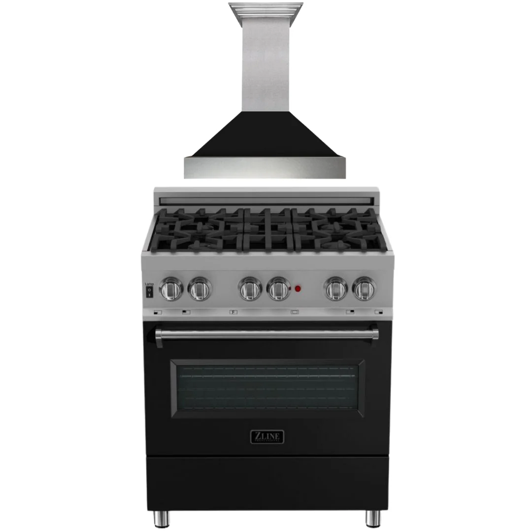 ZLINE 30 in. Dual Fuel Range in DuraSnow® with Black Matte Door & 30 in. Range Hood Appliance Package, 2KP-RASBLMRH30 - Inhomebuy