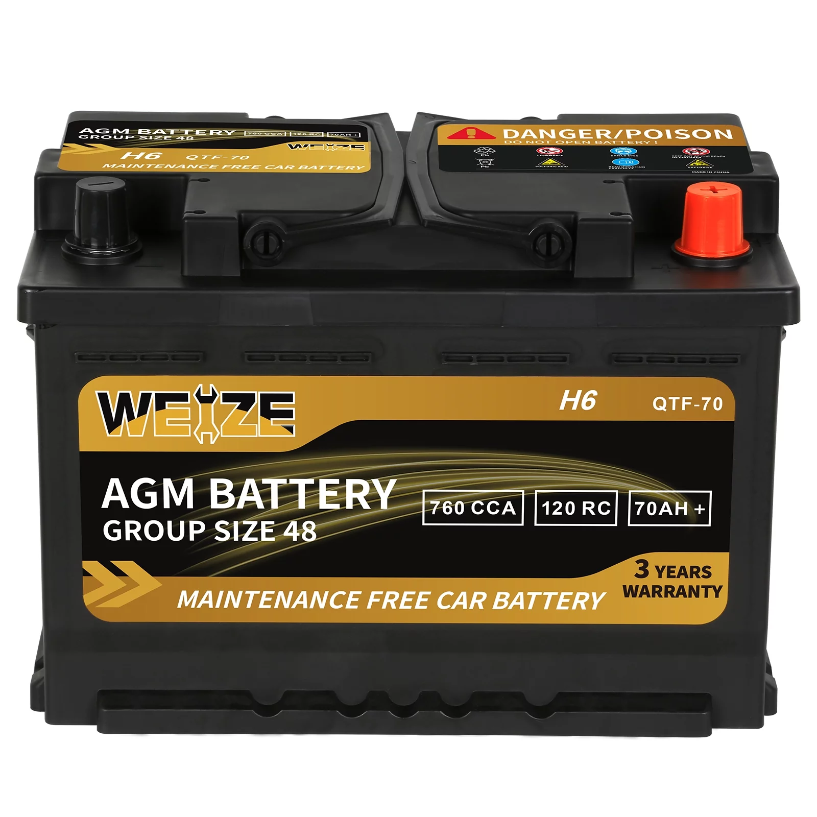 Weize Platinum AGM Battery BCI Group 48-12v 70ah H6 Size 48 Automotive Battery, 120RC, 760CCA, 36 Months Warranty - Inhomebuy