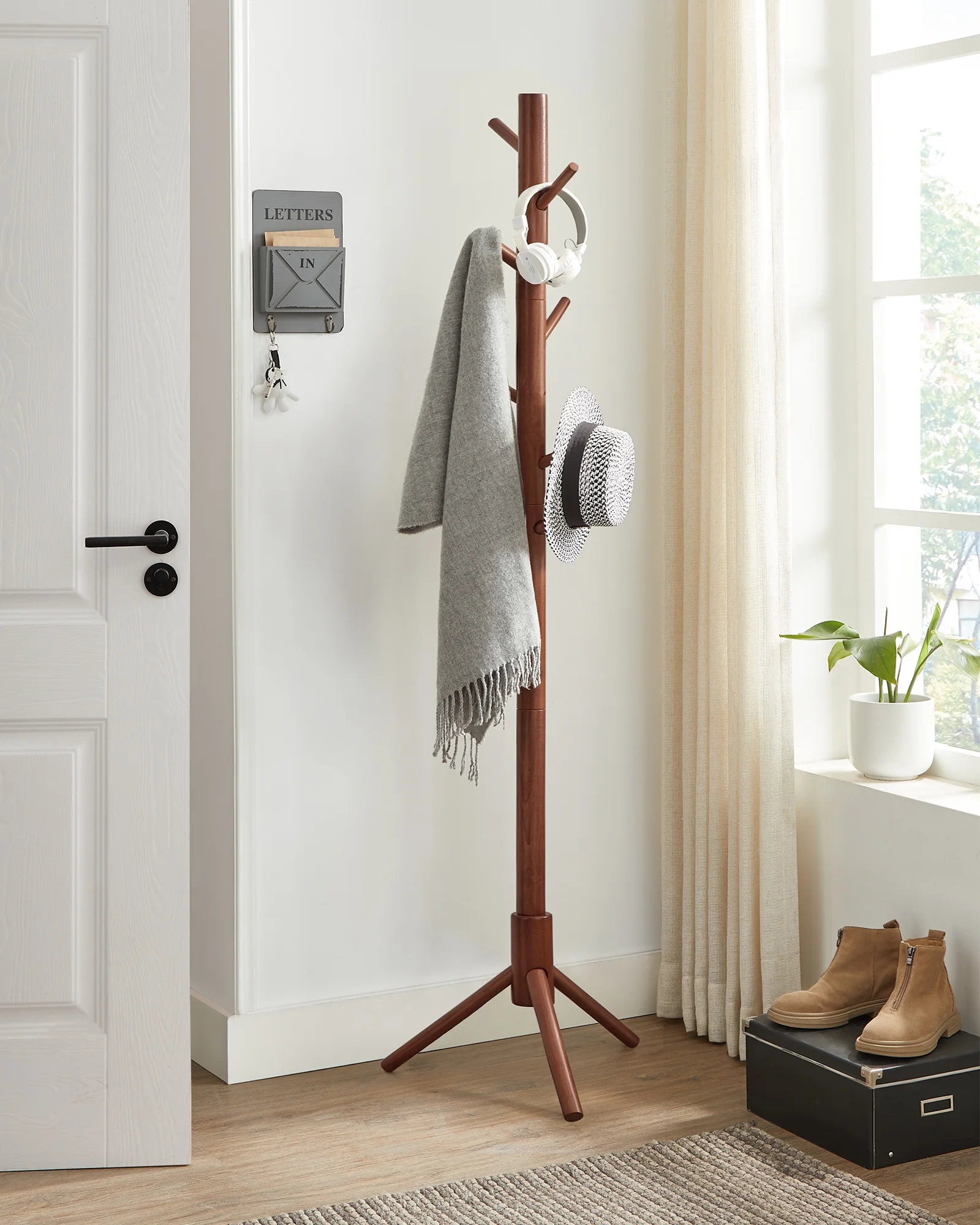 VASAGLE Coat Rack Solid Wood Free Standing Coat Rack Tree-Shaped Coat Rack with 8 Hooks for Clothes Hats Bags for Living Room Bedroom Dark Walnut - Inhomebuy