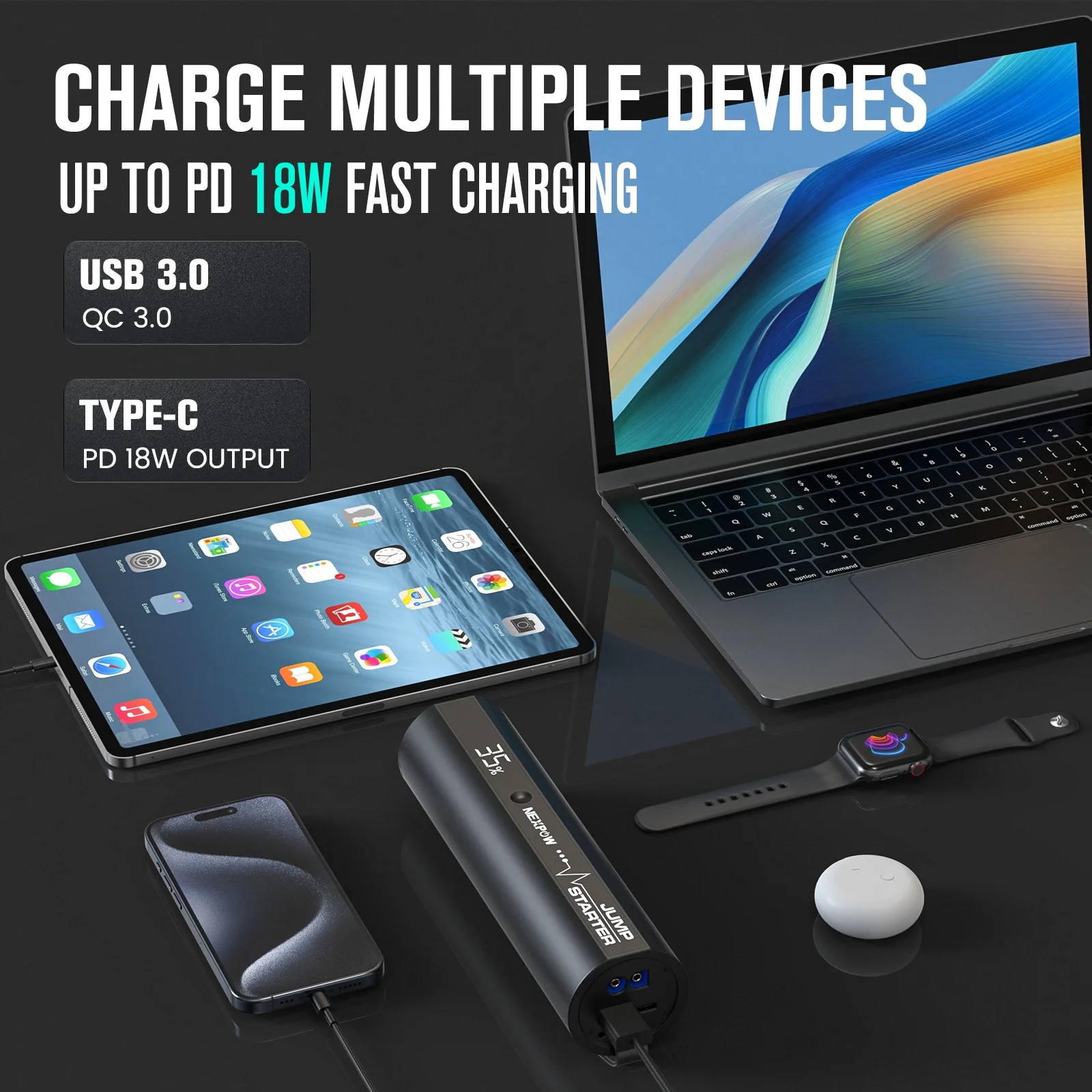 NEXPOW Car Jump Starter with LED Flashlight, 2500A Peak 18000mAh Battery Jump Starter (up to 8.5L Gas and 6.5L Diesel Engine), 1500 Lumen Flashlight and 12V Jump Box - Inhomebuy