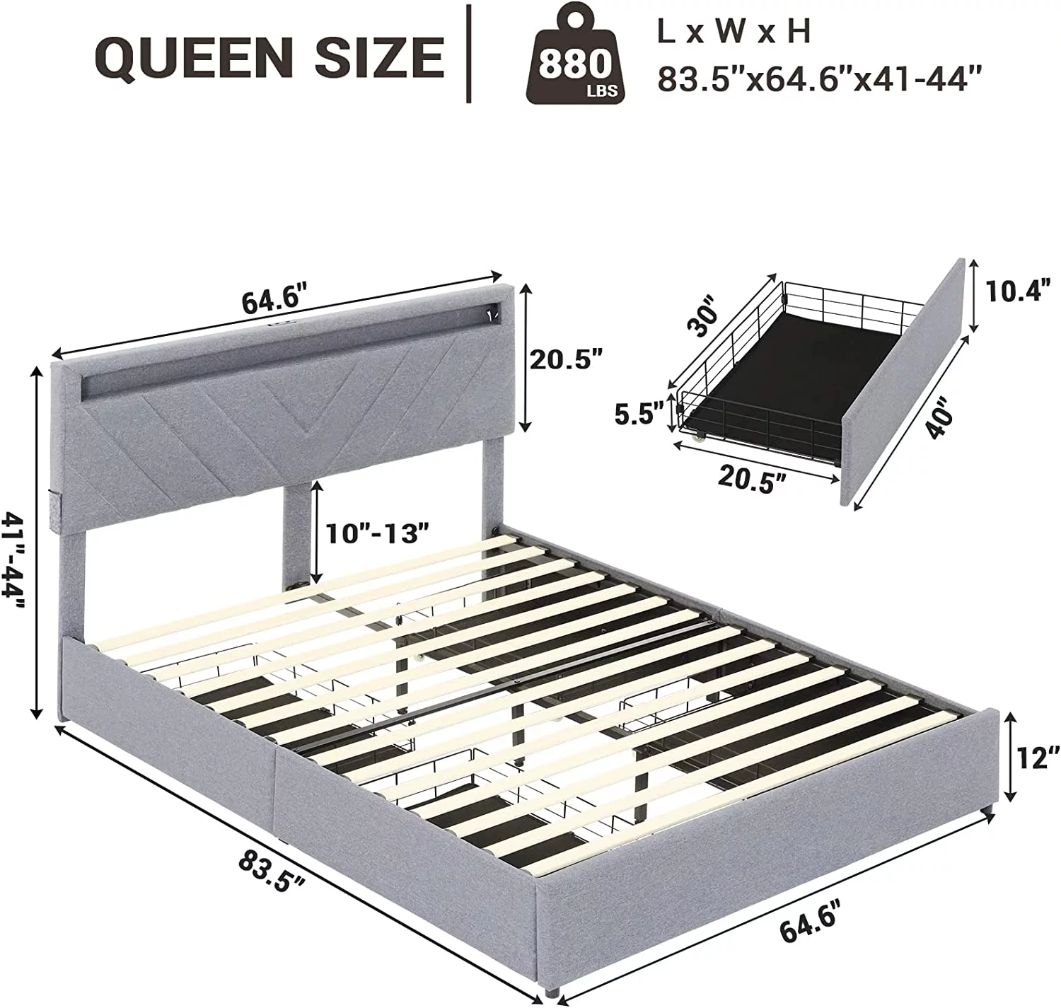 ADORNEVE Queen Size LED Bed Frame with Drawers, Upholstered Platform Bed with 2 USB Charging Station, No Box Spring Needed, Light Grey - Inhomebuy