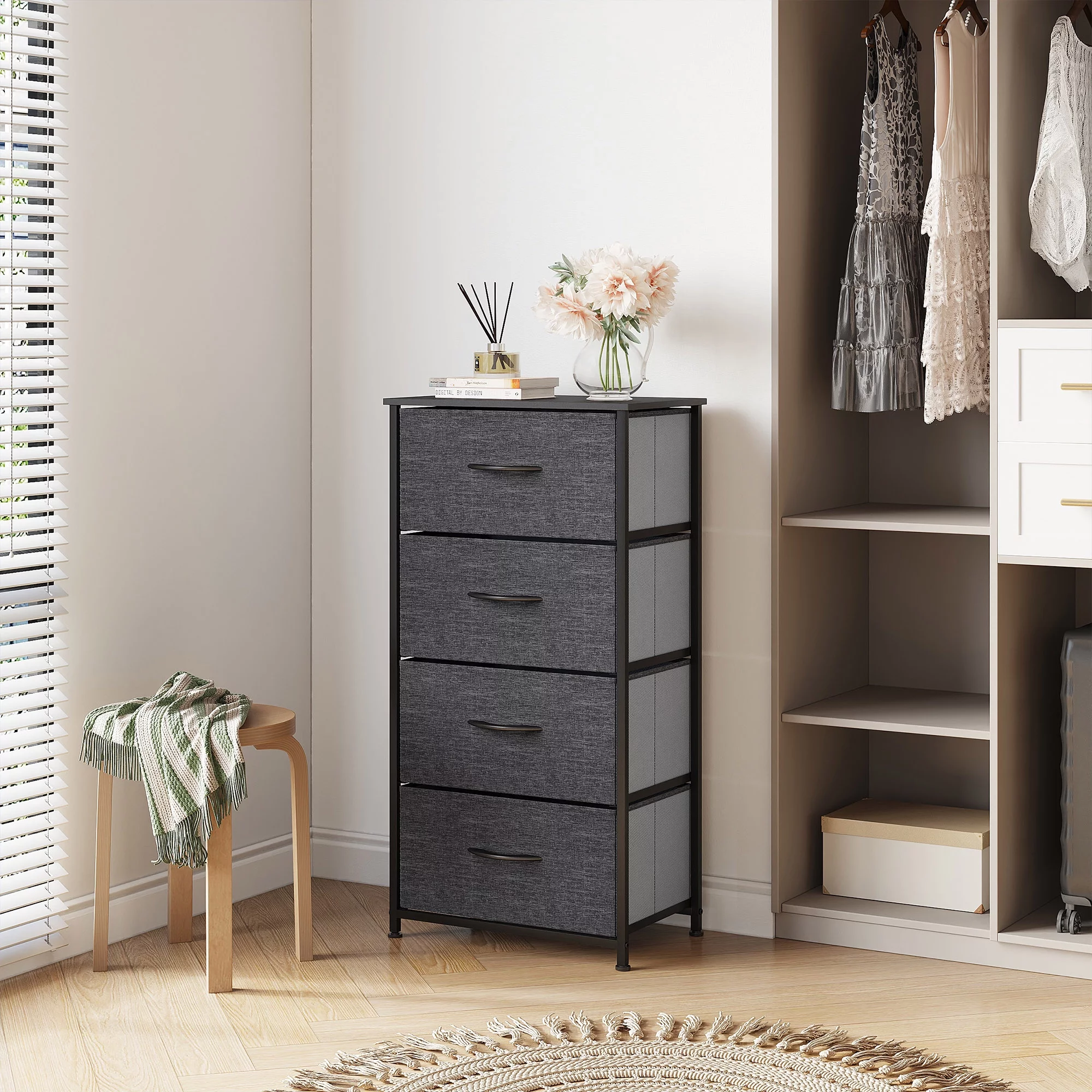 YINTATECH 4 Drawers Dresser Shelf Organizer Bedroom Bedside Storage Tower Black Grey - Inhomebuy