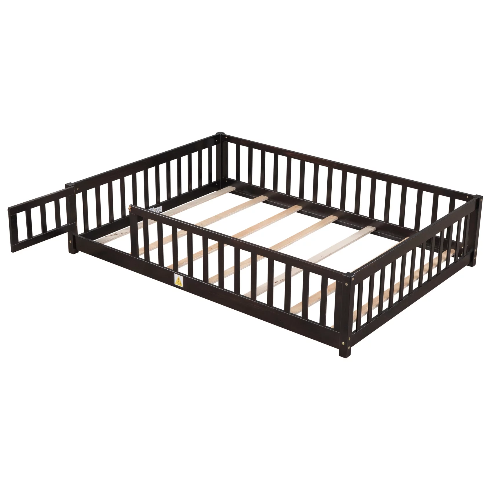 Twin Floor Bed Frame for Toddler, Montessori Floor Bed with Fence and Wood Slats, Low Wood Platform Beds for Girls Boys Kids Happy Time, White - Inhomebuy