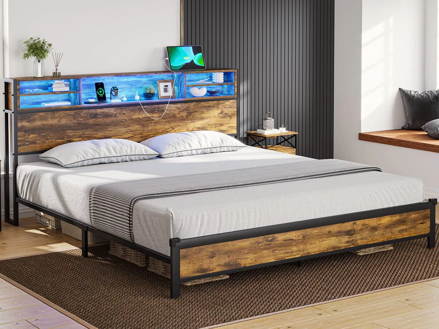 Afuhokles LED Full Bed Frame with Outlets and Headboard, Platform Bed with Storage Drawers, Brown - Inhomebuy