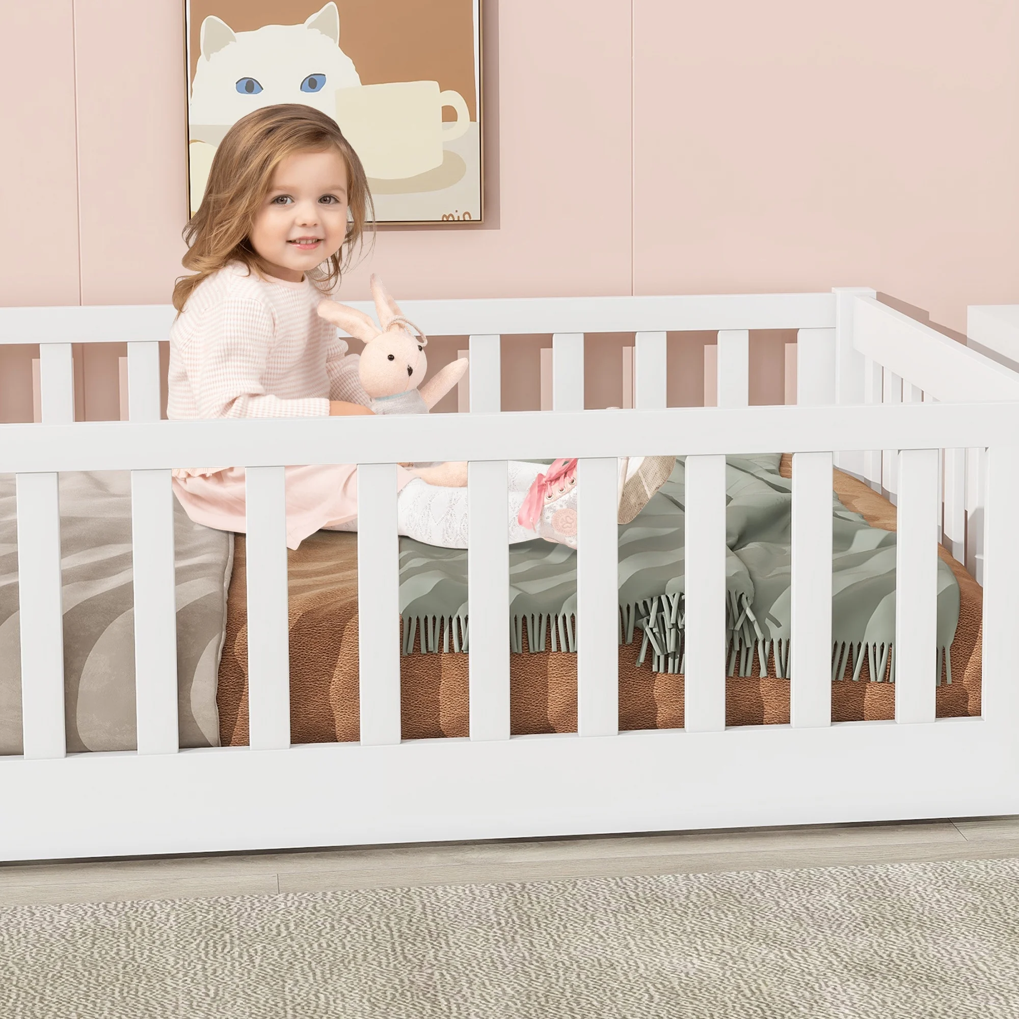 uhomepro Kids Toddler Bed with Fence and Door, Full Size Platform Bed Floor Bed, Wood Bed Frame No Box Spring Needed, Gray - Inhomebuy
