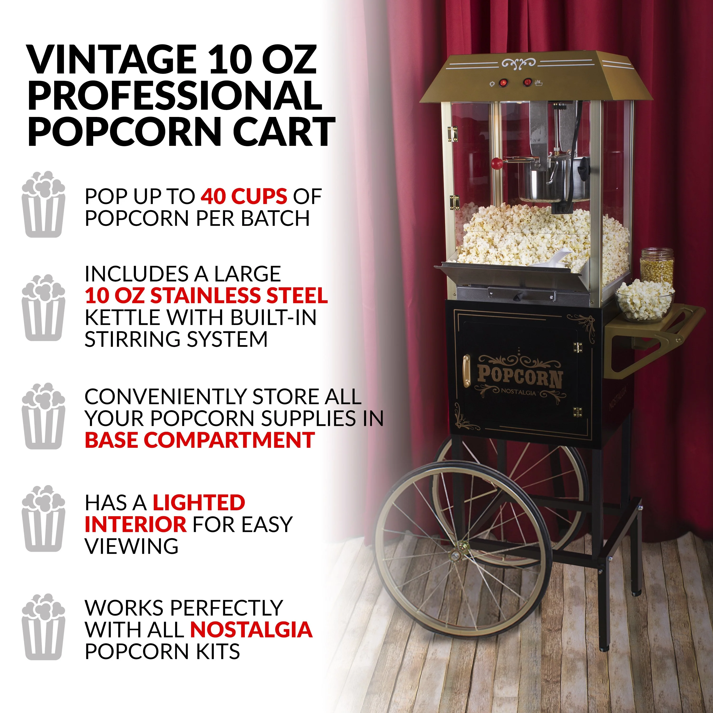 Vintage 10-Ounce Vintage Professional Popcorn Cart - 59 Inches Tall - Black - Inhomebuy