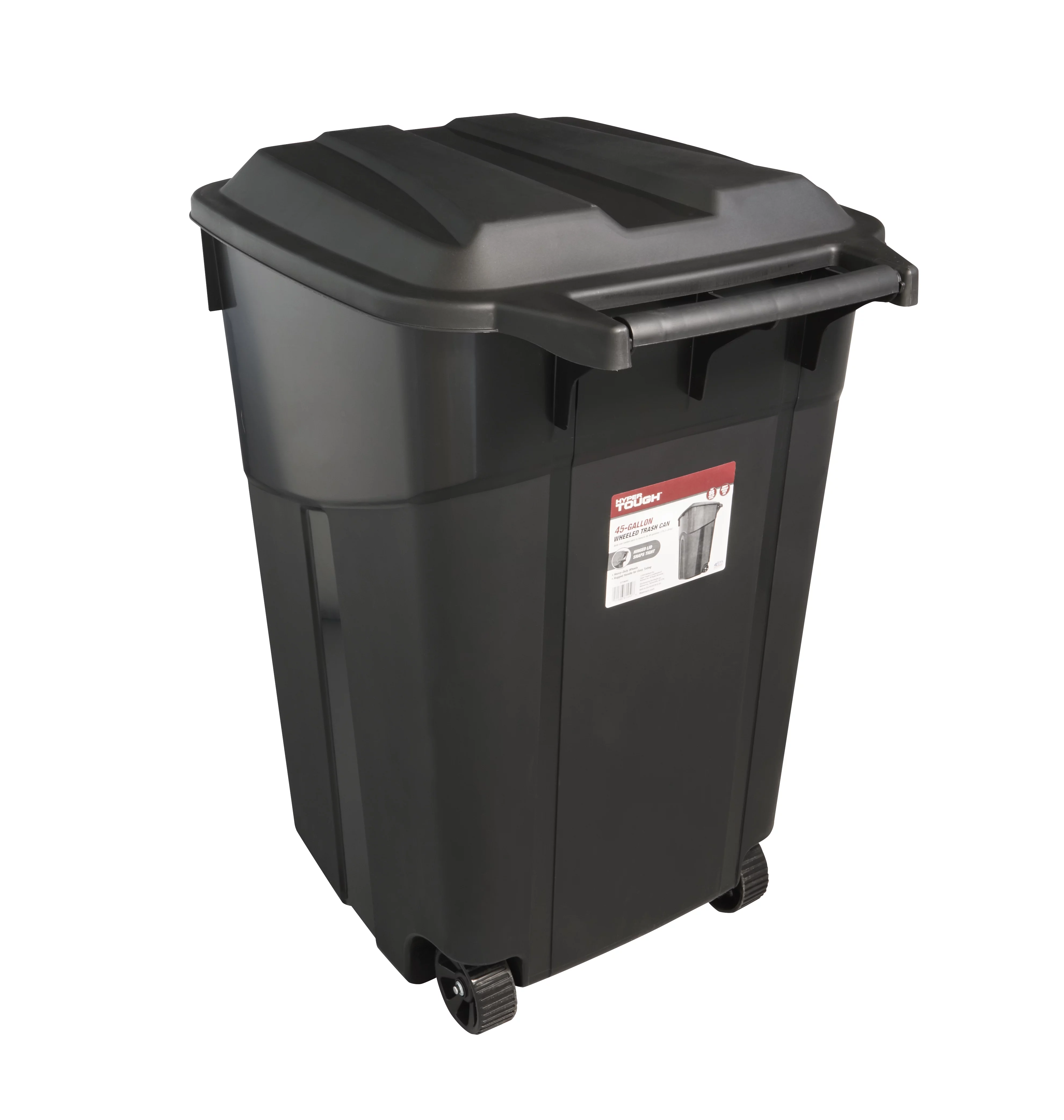 Hyper Tough 45 Gallon Wheeled Heavy Duty Plastic Garbage Can, Attached Lid, Black - Inhomebuy
