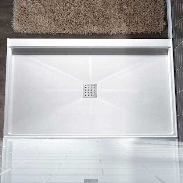 WoodBridge Krasik 60 in. L x Alcove Solid Surface Shower Pan Base Drain in White Cover SBR - Inhomebuy