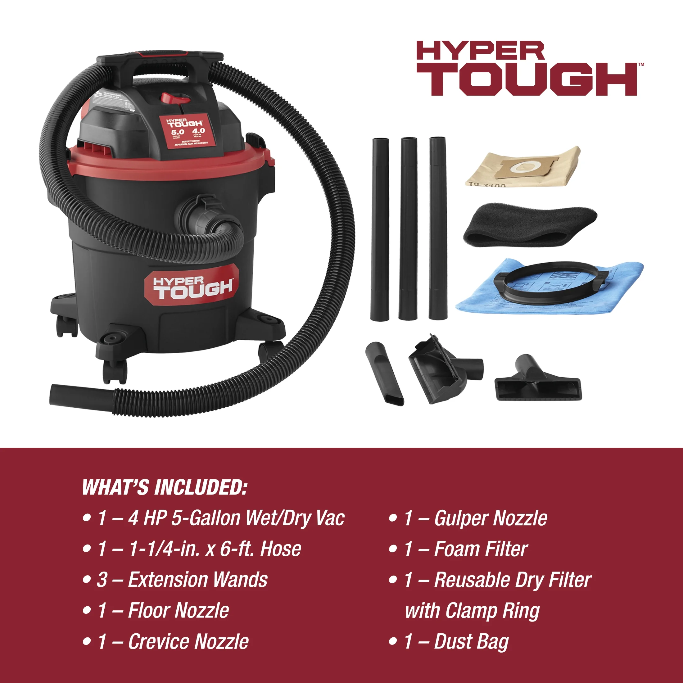 Hyper Tough 5 Gallon Wet/Dry Vacuum for the Car, Garage, Home or Workshop - Inhomebuy